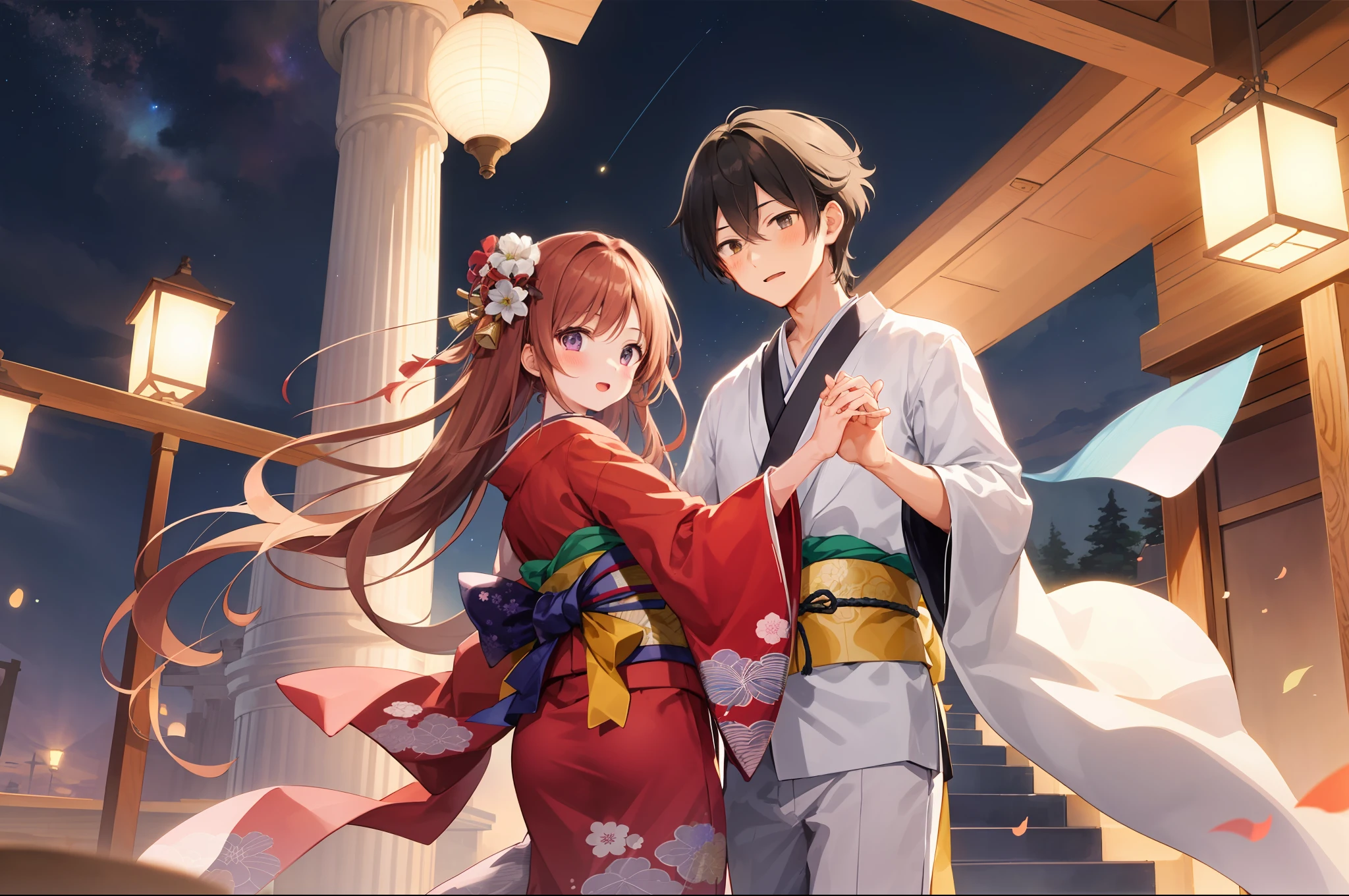 1boy,1girl,Hikoboshi and Orihime, on the night sky, date, kimono, dancing in the sky