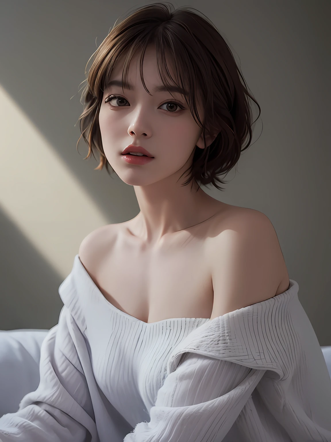 Best quality, masterpiece, ultra high res, (photorealistic:1.5), raw photo, 1girl, offshoulder, in the dark, deep shadow, low key, cold light, sexy look, short hair