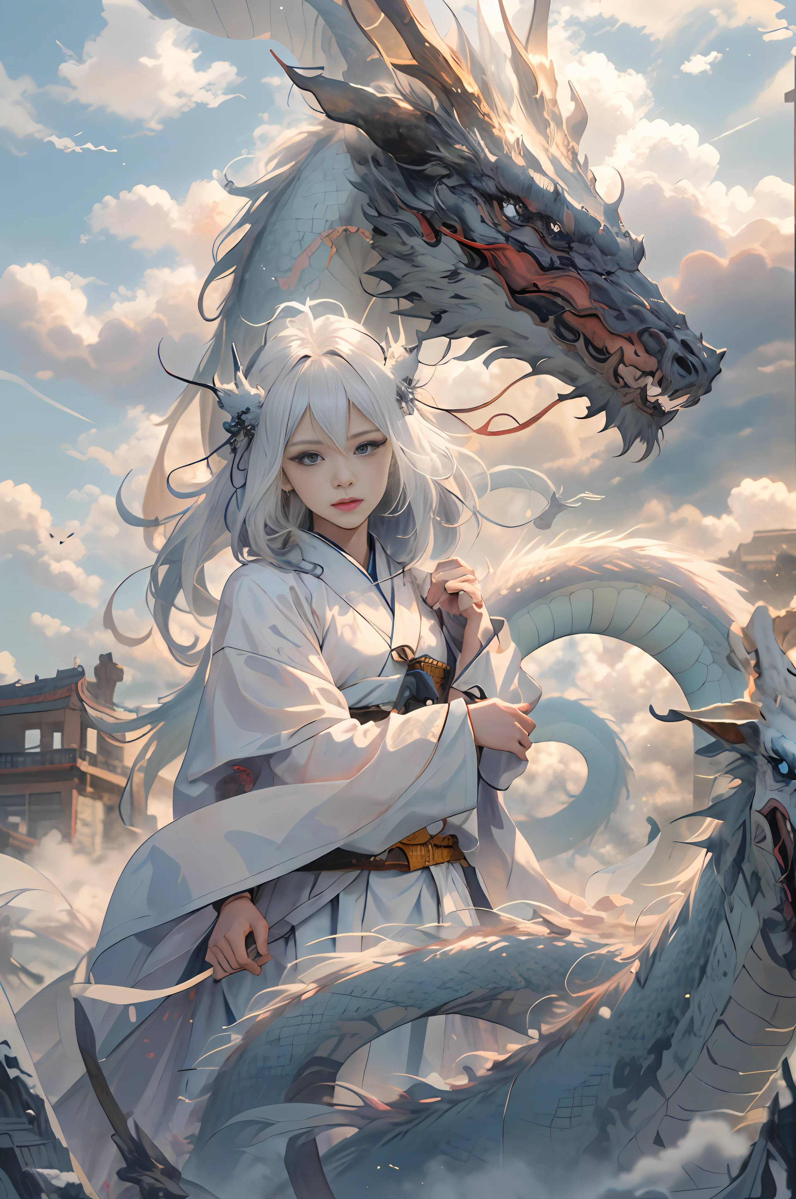 Dynamic lighting, art station, poster, volumetric lighting, very detailed faces, 4k wallpaper, award-winning, white-haired woman, long hair flowing, ponytail, fringed hair ornament, dynamic perspective, white hanfu, hanfu engraved with Lcm words, white gauze flying, red belt, sexy, traditional Chinese ink painting, surrounded by clouds and mist, mist, riding a white dragon, stroking the dragon head, dragon head engraved with the word Lcm, white dragon horns, dynamic perspective, movie lighting, characters as the protagonist