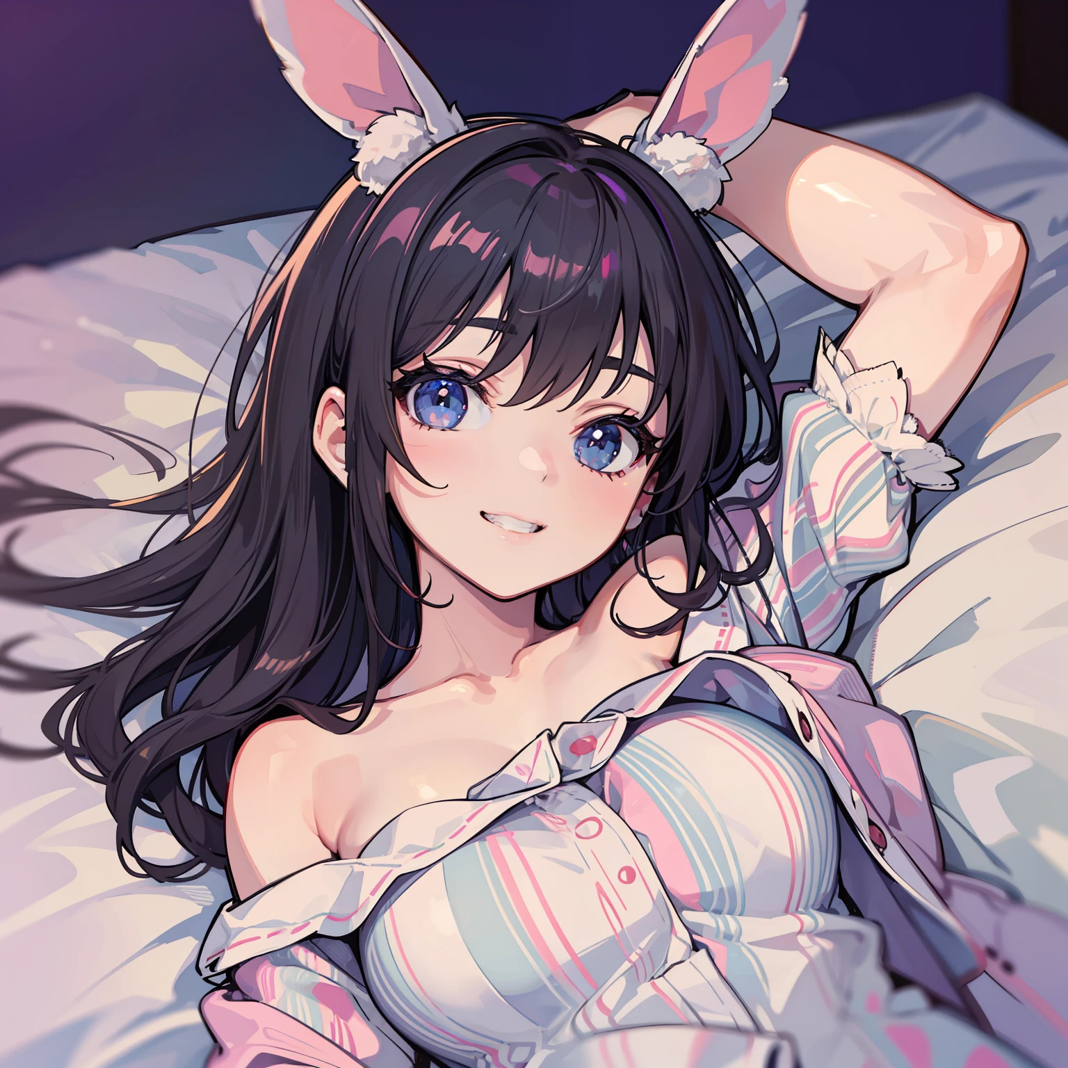 Rabbit Eared Girl Lying Face Down on Bed Midnight Pajamas Smile