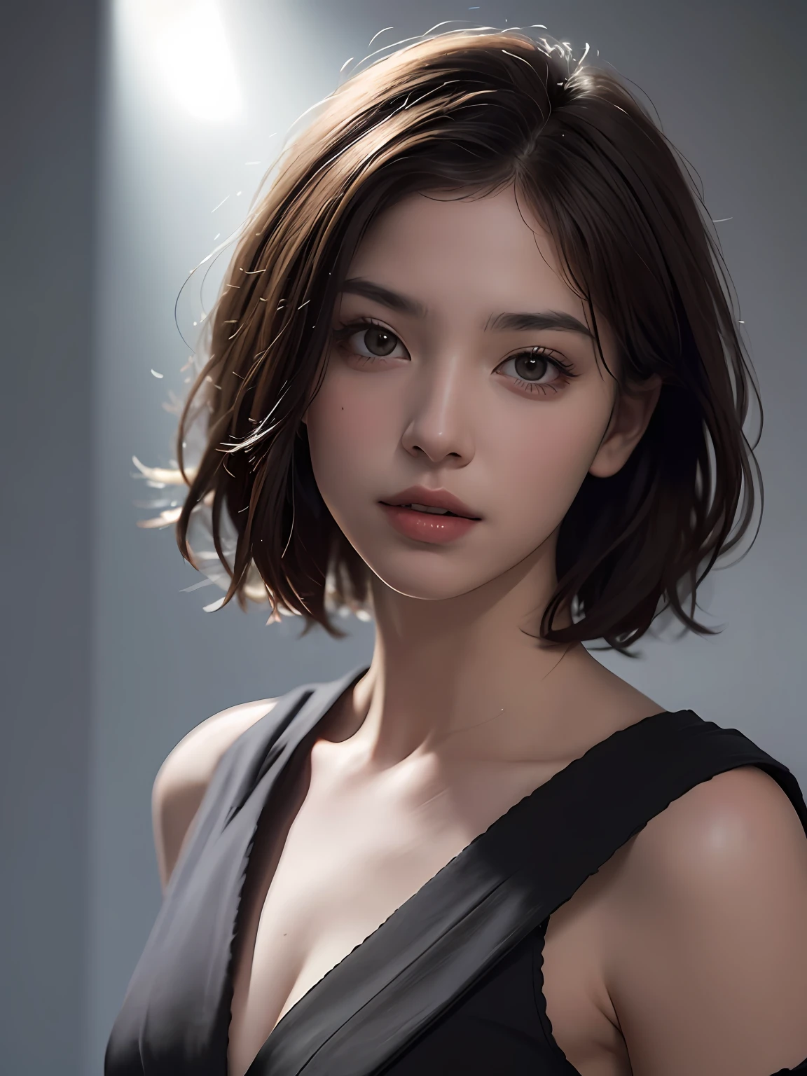 Best quality, masterpiece, ultra high res, (photorealistic:1.5), raw photo, 1girl, offshoulder, in the dark, deep shadow, low key, cold light, sexy look, short hair