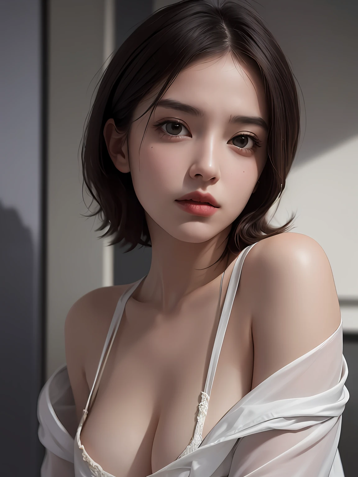 Best quality, masterpiece, ultra high res, (photorealistic:1.5), raw photo, 1girl, offshoulder, in the dark, deep shadow, low key, cold light, sexy look, short hair