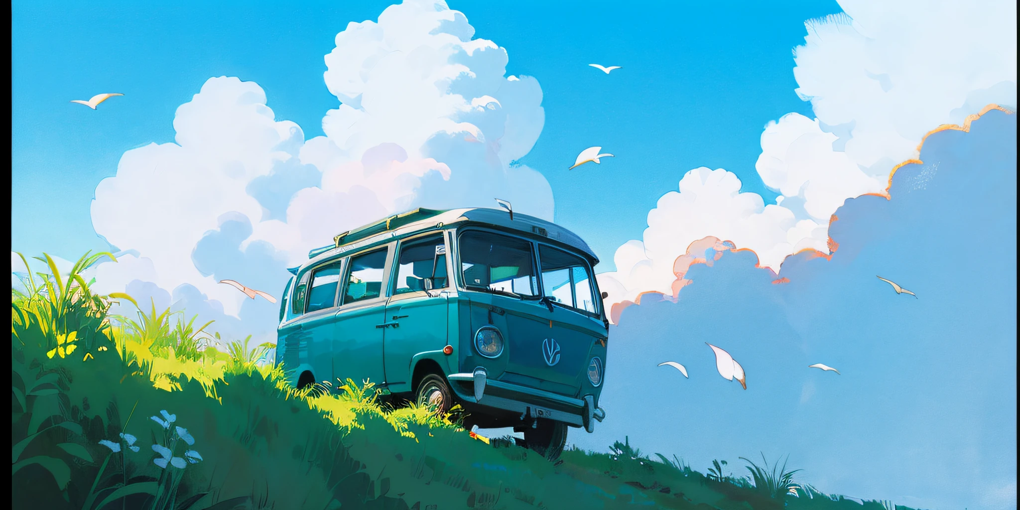 (((best quality)))), clear borders, beautiful and amazing landscapes, Volkswagen Kombi in the steppe, oil painting studio, Ghibli, Hayao, Miyazaki, blue sky and white clouds --v6