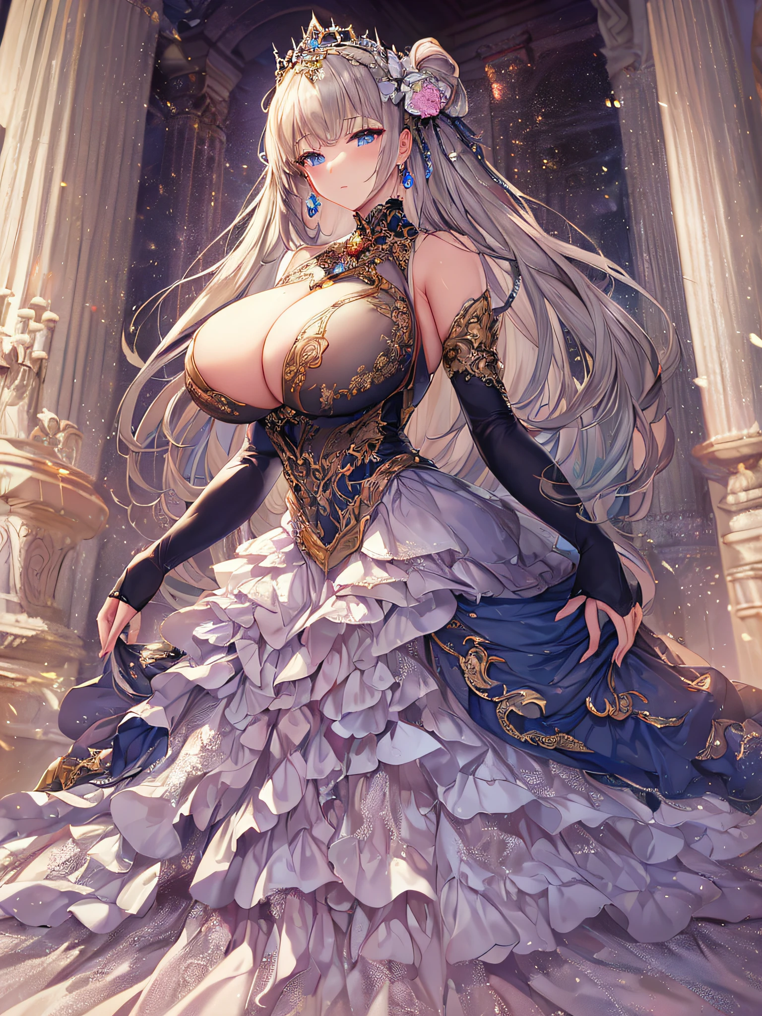 ((anime artstyle)),(Masterpiece),(Best Quality), (Super Detail),Illustration,((Very Delicate and Beautiful)),Focus on character,Dynamic Angle,Looking at viewer,((Solo)),standing,(((full body))),((one noble princess in gorgeous ball gown with voluminous skirt)),detailed face and eyes,jewel-like eyes,((Very Long voluminous Hair)),gorgeous embroidery and lace,See-through,ornate ruffles,Gorgeous jewelry ornaments,luxury hair ornament,luxury tiara with jewels,(gigantic breasts,Long breasts),full body,((gorgeous ball gown with voluminous skirt))
