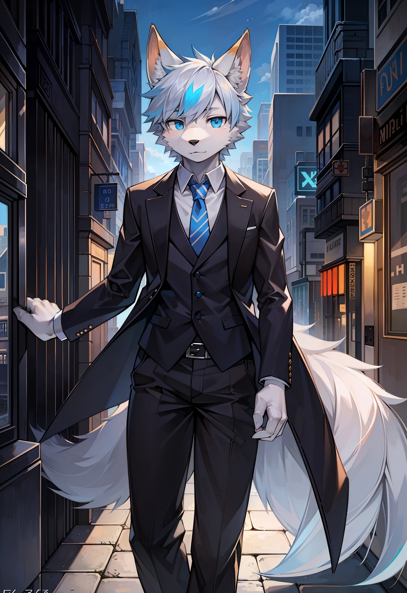 (Furry Art, uploaded on e621:1.4), (Masterpiece: 1.3), (Best quality: 1.2), (2D: 1.0), (Anime: 1.0), (Illustration: 1.0), (Sharp: 1.2), (light_environment), (City), (Clear, Shiny: 0.8), (Impasto: 1.1), (Ultra Detail: 1.0), (1 Boy, Solo Exhibition), White, (Human Furry: 1.6), (anthro_male_wolf: 1.2), (Black Fur: 1.6), Suit, Long Pants, Blue Right Eye, Black Pupil Left Eye, POV from below, Blue and White gradient hair color