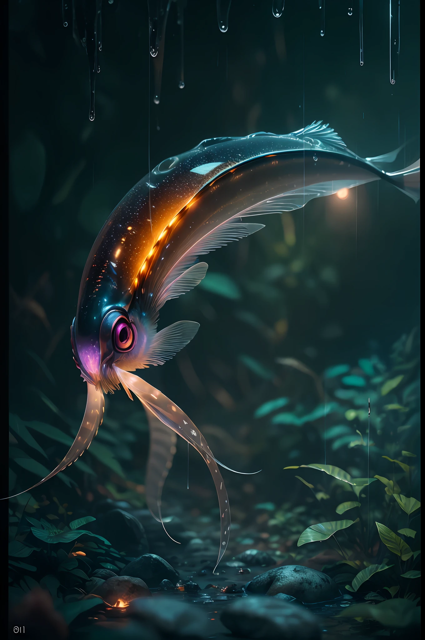 Big six legs creature whith transparent and lighting body, long wings, walking on all six legs, (((cuttlefish head))), ((four eyes)), six leghs, in the jungle, jungle, rain forest, high image quality, realistic look, high-resolution photography, 8K, full-frame matrix, deep shadows, ((one character)), (intricate details, subsurface scattering, hyperdetailed:1.15), (hyperrealism, volumetric lighting, sharp:1.5) Fujifilm XT3
