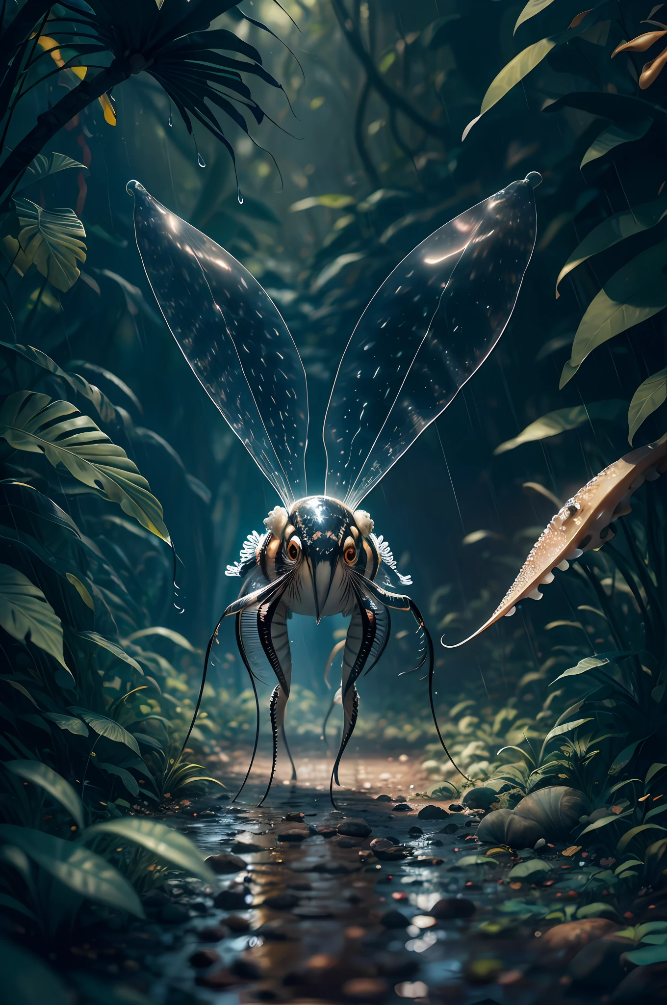 Big six legs creature whith transparent and lighting body, long wings, walking on all six legs, (((cuttlefish head))), ((four eyes)), six leghs, in the jungle, jungle, rain forest, high image quality, realistic look, high-resolution photography, 8K, full-frame matrix, deep shadows, ((one character)), (intricate details, subsurface scattering, hyperdetailed:1.15), (hyperrealism, volumetric lighting, sharp:1.5) Fujifilm XT3