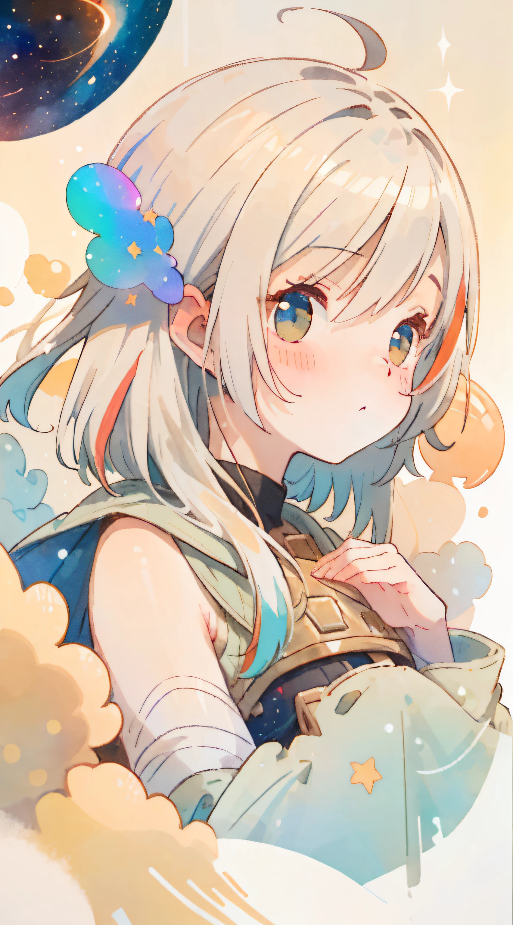 -((masterpiece)), (((best quality))), ((ultra-detailed)), ((illustration)),[realism light effect],shadow,(Fantasy style),(white background:1.6), simple background, (earth theme),(a cloak)[(hair focus,((1girl)),[(big slime hair): (cloud hair):0.3], (hair on background),(high saturation),(hair surrounded by galaxy splashes),(hair surrounded by white dot)):((her hair is becoming galaxy clouds,:1.27628), (hair and clothes is galaxy clouds and cluster of stars:1.1025),(a cloak is becoming galaxy clouds)(colorful_galaxy_print_clusters_of_stars_print:1.35),((detailed starry sky with colorful galaxy and galaxy clouds):1.2)):0.35], (((masterpiece))),(((best quality))),((ultra-detailed)),(illustration),(dynamic angle),((floating)),(paint),((disheveled hair)),((beautiful detailed face)),collar,bare shoulders,white hair, ((colorful hair)),((streaked hair)),beautiful detailed eyes,(Gradient color eyes),(((colorful eyes))),(((colorful background))),(((high saturation))),(((surrounded by colorful splashes))),(((surrounded by colorful dot))),colorful bubble,((shining))