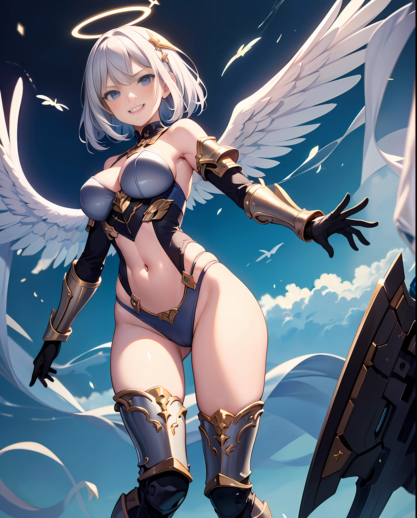 fantasy, 1angel_girl,child, loli,, medium_bob_hair, long_bangs, halo,bare_shoulder,thighhighs,silver_armor, waist_armor, large_breasts,angry,smile,teeth, 1pair_wings, dynamic_ pose_fighting,floating, bare_crotch, headgear,gauntlet, greaves,city_sky_background,slightly_spread_legs, solo, groin_naked,(masterpiece, best quality, best quality, official art, beautiful and aesthetic:1.2), (1 girl), very detailed,