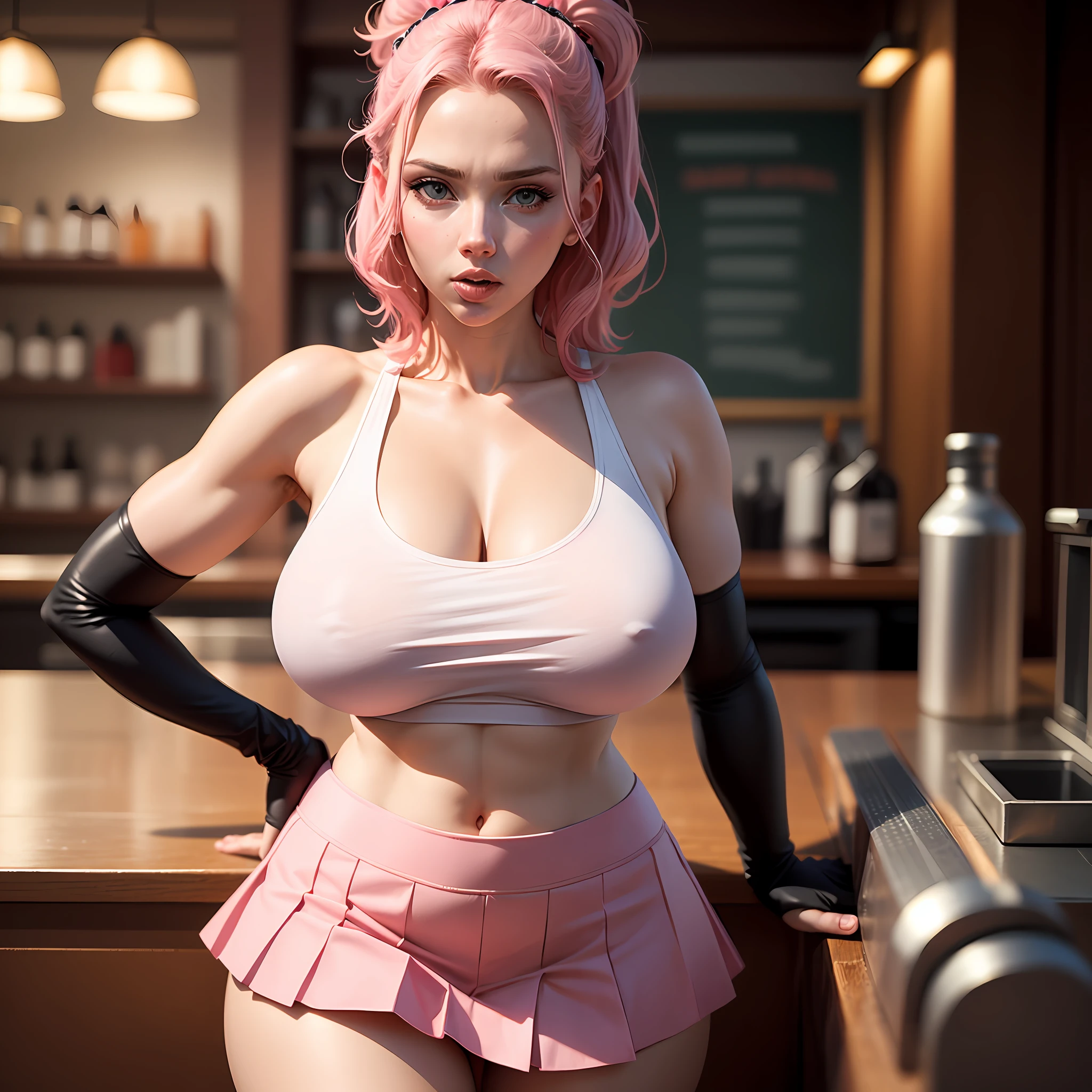 Scarlett johansson, single elbow, ankle boots, blonde hair, pink skirt, black thighs, pink boots, elbow gloves, elbows, fingerless gloves, tense shirt, sports bra, (pink skirt suspended), thighs, white tank top, top body is hyper-realistic and hyper largest_breasts!! with the type of boobs_melons, pink hair, full body, big chest, no bra and no panties, look at the viewer, posing standing at the bar, sensual mouth, makeup, bokeh, best quality, masterpiece, highres, UHD, 1080P --auto