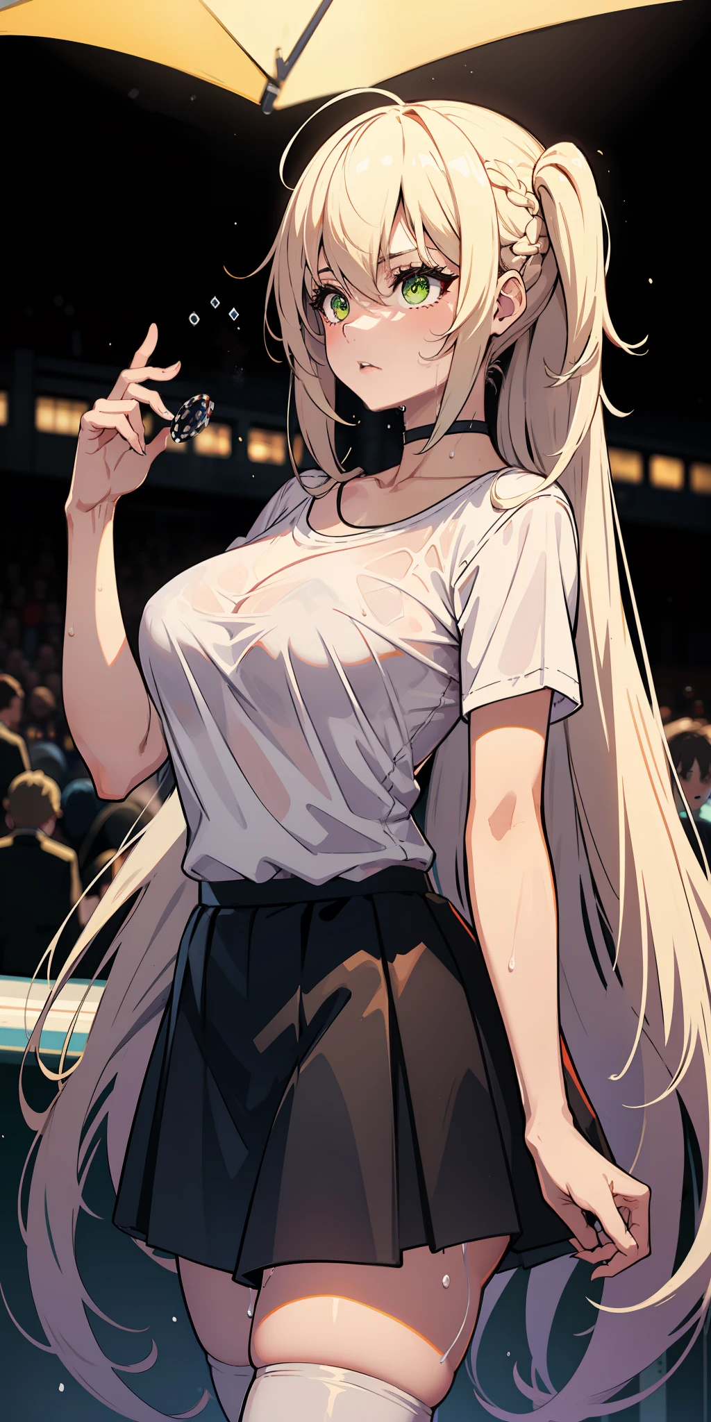 masterpiece, best quality, nsfw, 1girl, platinum blonde, long hair, green eyes, braids, giant bubbly breasts, on the street, night, neon, white t-shirt, braless, black skirt, poker face, front view, standing, in the crowd, drenched, red-faced, longing