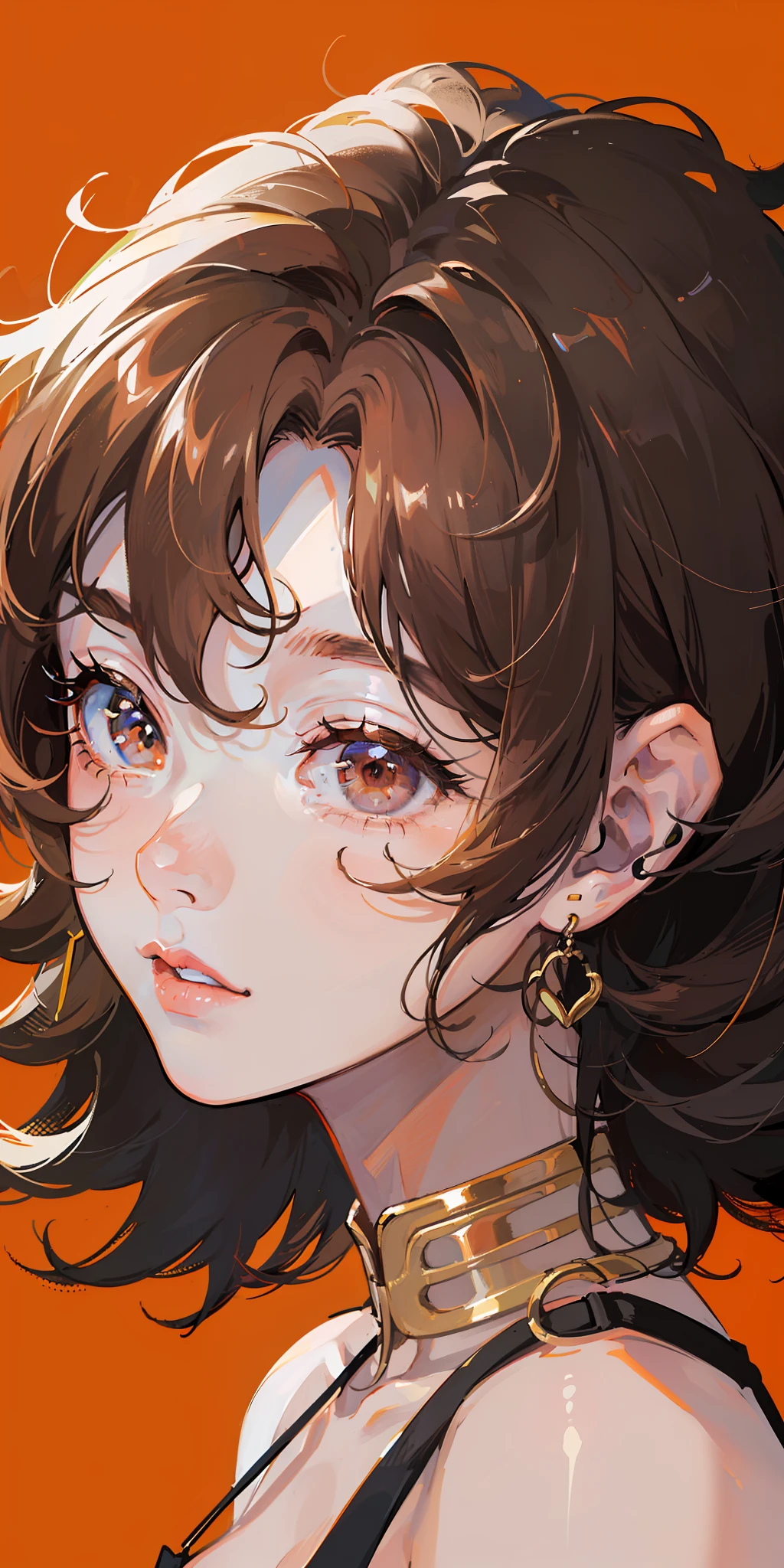 ((masterpiece)), ((best quality)), ((anime)), ((old effect)), ((90s anime)), girl, ((orange skin)), ((brown eyes) ), ((perfect)), eyebrow, nose, ear, mouth, lips, ((curly hair)), neck, shoulders, ((arms)), ((random background color)), lustful,
