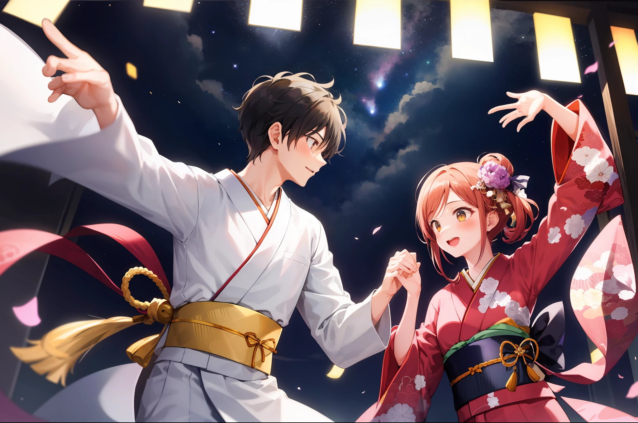 1boy,1girl,Hikoboshi and Orihime, on the night sky, date, kimono, dancing in the sky