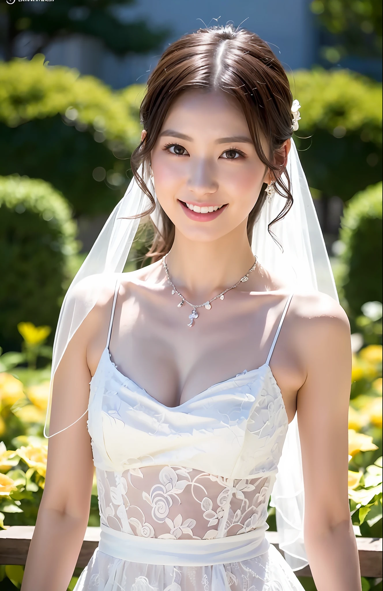 Turbulent posture, (very delicate and beautiful work), (masterpiece), 1girl, girl in wedding dress surrounded by roses, veil, lace, full body, high definition, ridiculous, charming expression, smile, beautiful clear eyes, green eyes, delicate necklace, delicate earrings, full body, vivid flower garden, simple background blur, ultra-fine description, beautiful, attractive, ultra-fine picture, delicate face, delicate figure, thin collarbone, lovely lips, beauty big, soft back, mix4, (8k, RAW photo, highest quality), masterpiece: 1.2), (realistic, photorealistic: 1.37), one girl, cute, professional lighting, photon mapping, radiosity, physically based rendering