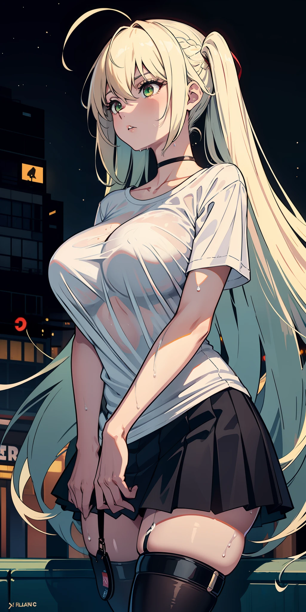 masterpiece, best quality, nsfw, 1girl, platinum blonde, long hair, green eyes, braids, giant bubbly breasts, on the street, night, neon, white t-shirt, braless, black skirt, poker face, front view, standing, in the crowd, drenched, red-faced, longing
