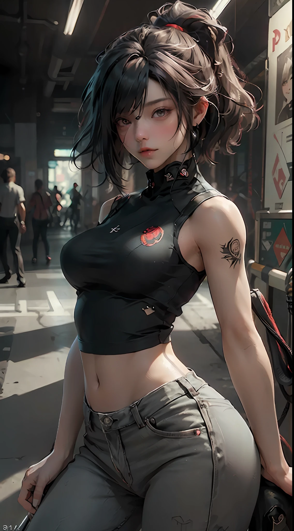 ((Best quality)), ((masterpiece)), (detailed: 1.4), beautiful woman, Asian, black sleeveless short t-shirt, black lag pants, black short hair with red locks, CyberPunk, ink, (solo), realistic,((masterpiece)), (best quality), (detailed), (1 girl), thighs, large breasts, 3D,HDR (High Dynamic Range),Ray Tracing,NVIDIA RTX,Super-Resolution,Unreal 5,Subsurface dispersion, PBR texture, Post-processing, Anisotropic filtering, Depth of field,  Maximum clarity and sharpness, Multilayer textures, Albedo and specular maps, Surface shading, Accurate simulation of light-material interaction, Perfect proportions, Octane Render, Two-tone lighting,Wide aperture,Low ISO,White balance,Rule of thirds,8K RAW,