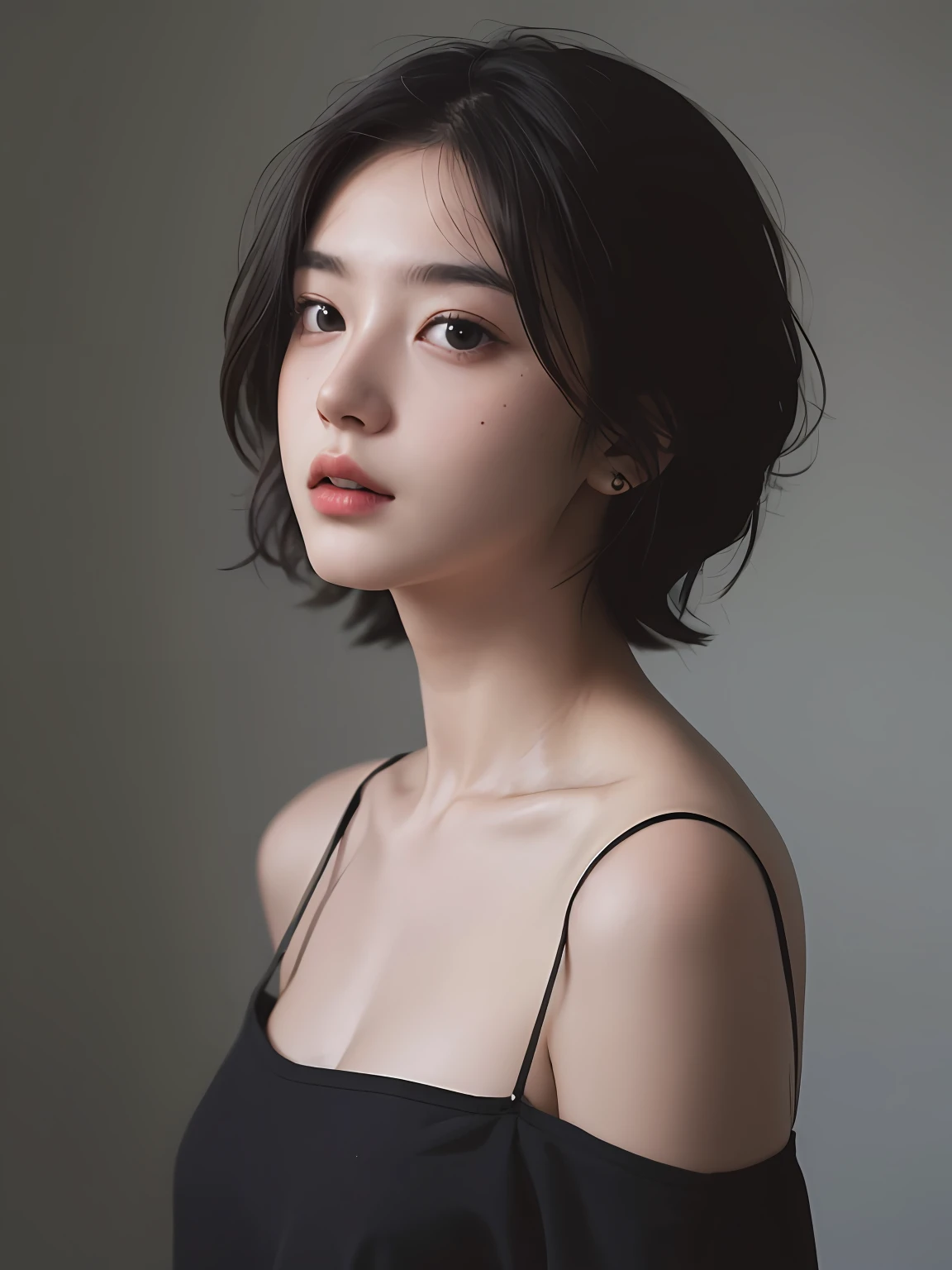 Best quality, masterpiece, ultra high res, (photorealistic:1.5), raw photo, 1girl, offshoulder, in the dark, deep shadow, low key, cold light, sexy look, short hair