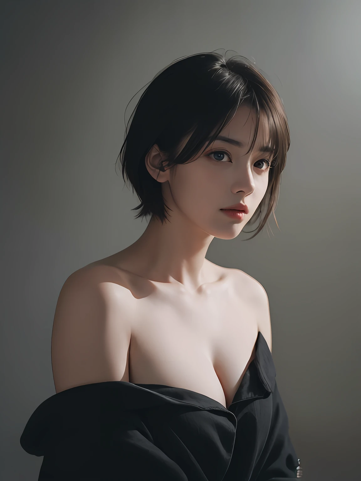 Best quality, masterpiece, ultra high res, (photorealistic:1.5), raw photo, 1girl, offshoulder, in the dark, deep shadow, low key, cold light, sexy look, short hair