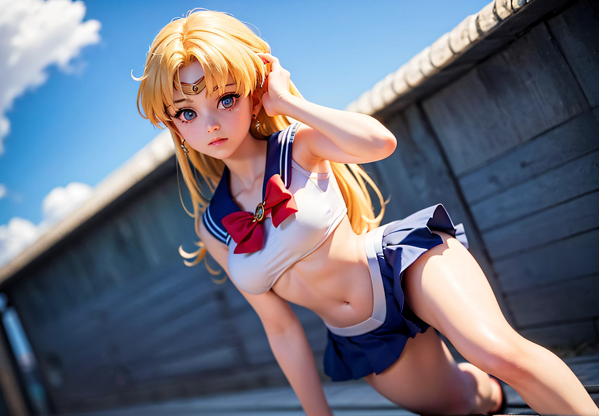 High quality, (fidelity: 1.8), 1girl, ((RAW full body portrait of Sailor Moon)), well dressed, ((Sailor Moon)), (full body), closeup, blonde, cute, perfectly detailed blue eyes, (from below), ((small breasts)), ((puffy eyes)), __hair__, full body, hair color is __color__, japanese face, unreal_engine, photo, realistic_skin_texture, realistic, (masterpiece:1.0), (best quality: 1.4),