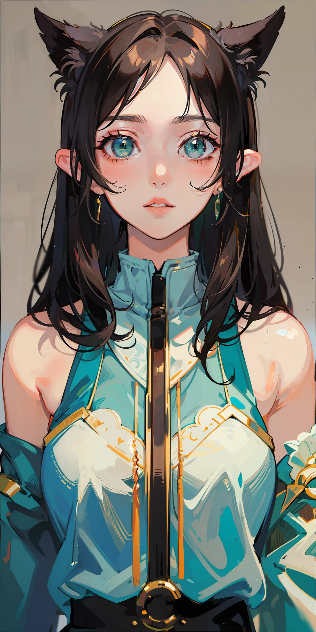 ((masterpiece)), ((best quality)), ((anime)), ((old effect)), ((90s anime)), girl, ((brunette)), ((green eyes)) , ((perfect)), eyebrow, nose, ear, mouth, lips, ((smooth straight hair)), neck, shoulders, ((arms)), ((random background color)), lustful,