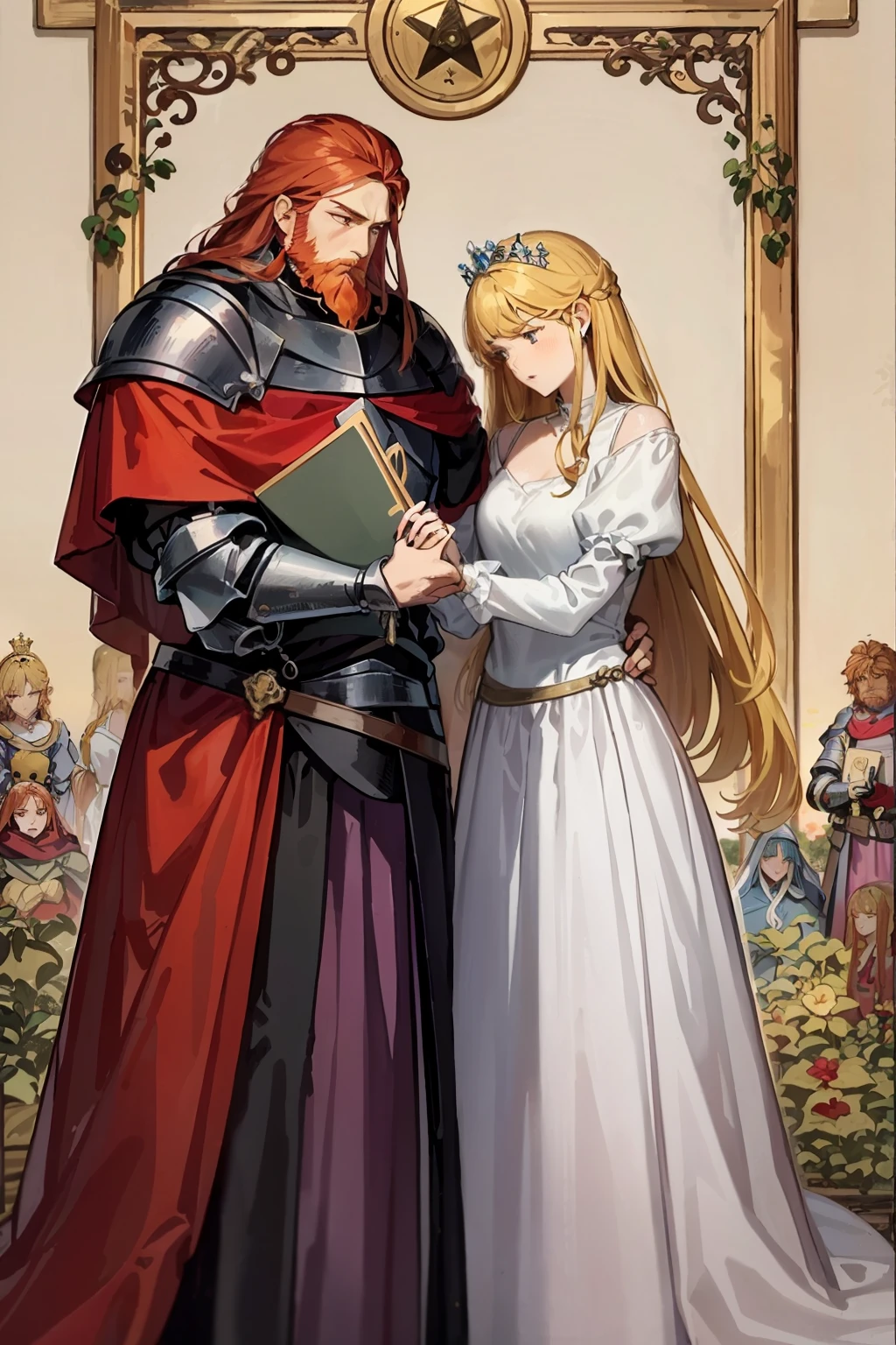 masterpiece, couple, lovers, beautiful woman, long hair, blonde hair, purple dress, princess, handsome man, red hair, red beard, muscular, knight, white shirt, protector, artisan, beautiful background, secret concept tarot card history card mystery, tarot card, best quality