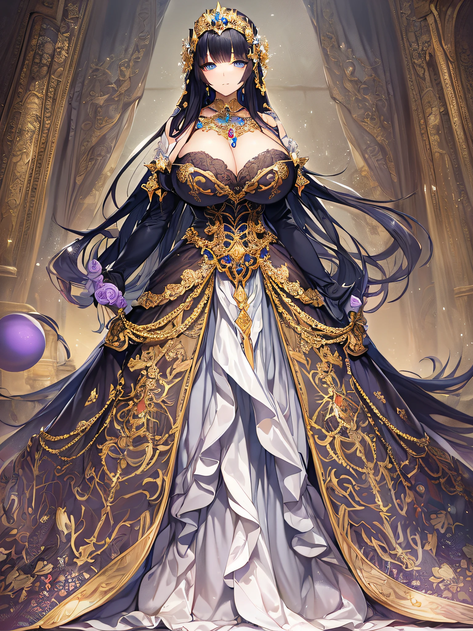 ((anime artstyle)),(Masterpiece),(Best Quality), (Super Detail),Illustration,((Very Delicate and Beautiful)),Focus on character,Dynamic Angle,Looking at viewer,((Solo)),standing,(((full body))),((one noble princess in gorgeous ball gown with voluminous skirt)),detailed face and eyes,jewel-like eyes,((Very Long voluminous Hair)),gorgeous embroidery and lace,See-through,ornate ruffles,Gorgeous jewelry ornaments,luxury hair ornament,luxury tiara with jewels,(gigantic breasts,Long breasts),full body,((gorgeous ball gown with voluminous skirt))