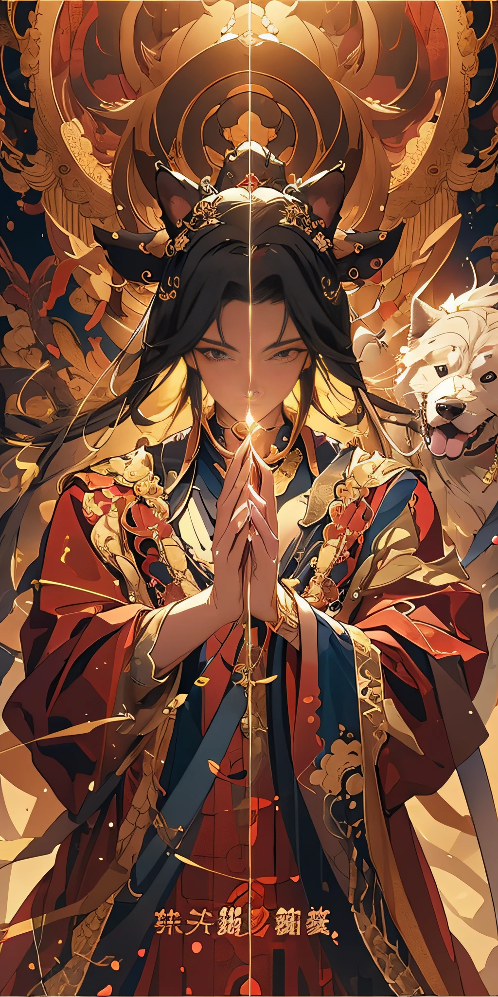 (Masterpiece: 1.2), Masterpiece, Top Quality, Best Quality, Extreme Detail, PIXIV, Taoist, Character Standing in Front of a Dog, Transparent, Detailed Eyes, Detailed Fingers