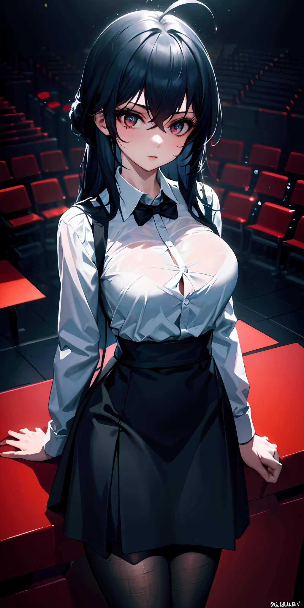 ((masterpiece)), (best quality), (detailed), (1girl), blue hair, blue eyes, updo, white shirt, black dress, looking down on the audience