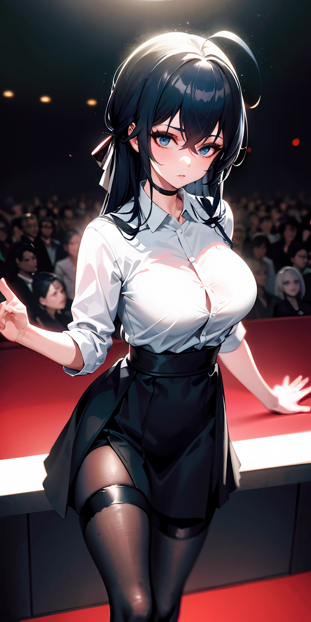 ((masterpiece)), (best quality), (detailed), (1girl), blue hair, blue eyes, updo, white shirt, black dress, looking down on the audience