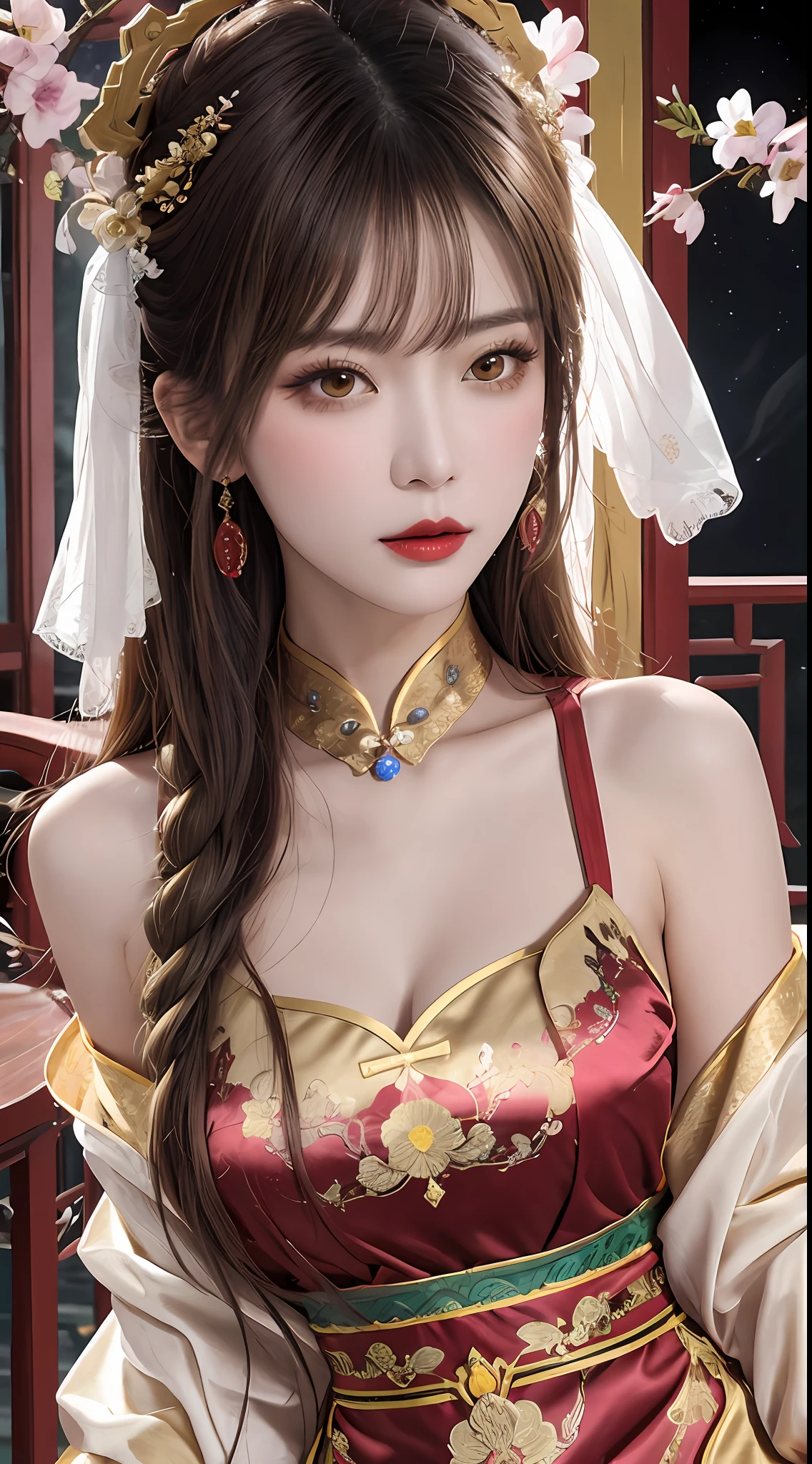 Woman wearing red and gold dress, flower background, palace, hanfu girl, wearing red cheongsam, chinese style, with ancient chinese costume, wearing ancient chinese costume, traditional beauty, Chinese Traditional, chinese girl, cheongsam, chinese costume, chinese princess, hanfu, chinese traditional clothing, chinese costume, 1 27-year-old girl, 1 zodiac goddess from the future, goddess of the pink and purple 12 zodiacs, the goddess of the zodiac in a yellow ao dai, a 12 zodiac ao dai with many black lace detail, mythology Goddess of the 12 zodiacs from the future, zodiac ♏, luxurious glittering zodiac style, dark and mysterious version, zodiac crown, lipstick lips red, thin and beautiful lips, mouth closed, characters made by karol bak and pino daeni, intricate detail, detailed background, extremely detailed, light magic, a woman, clear face, hair long with bangs, beautiful face in detail and well-proportioned eyes, (transparent yellow eyes: 1.8), big round eyes and very beautiful and detailed makeup, foresight, silk dress, mysterious makeup , double bangs and dyed light blonde , upper half portrait, zodiac goddess portrait, arms hanging loosely, Realistic and vivid photo, (stars make up the zodiac: 1.7), (sky background zodiac and fictitious space and time portal: 1.8), fiction art, RAW photo, hanfu picture, best photo, best photo quality, 8k quality, 8k ultra, super realistic, real photo most economical, the goddess poses sexy and seductive,