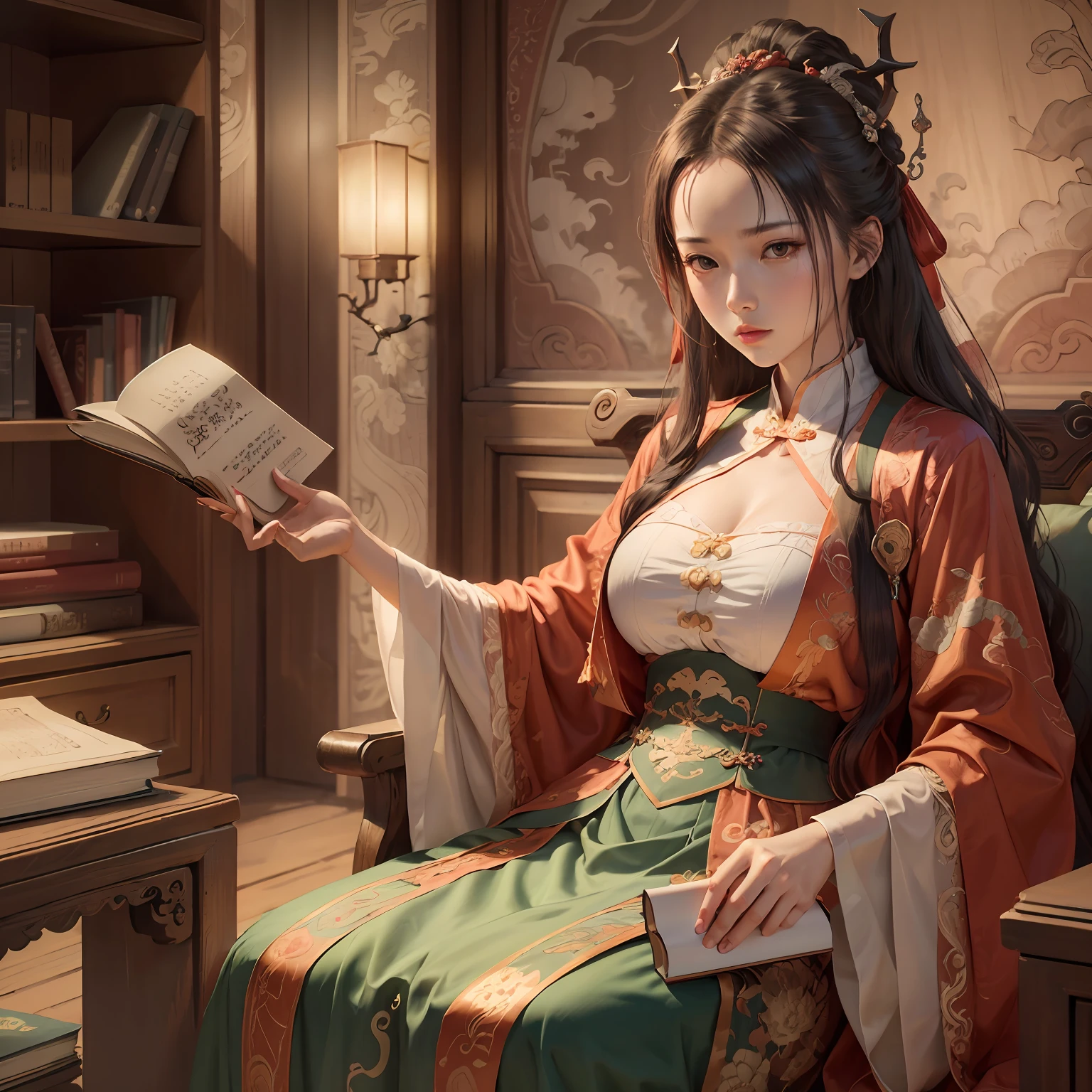 A beautiful woman sits on a chair with a mahogany Chinese style background of suspense horror, atmosphere monster, holding a book in her hand --auto