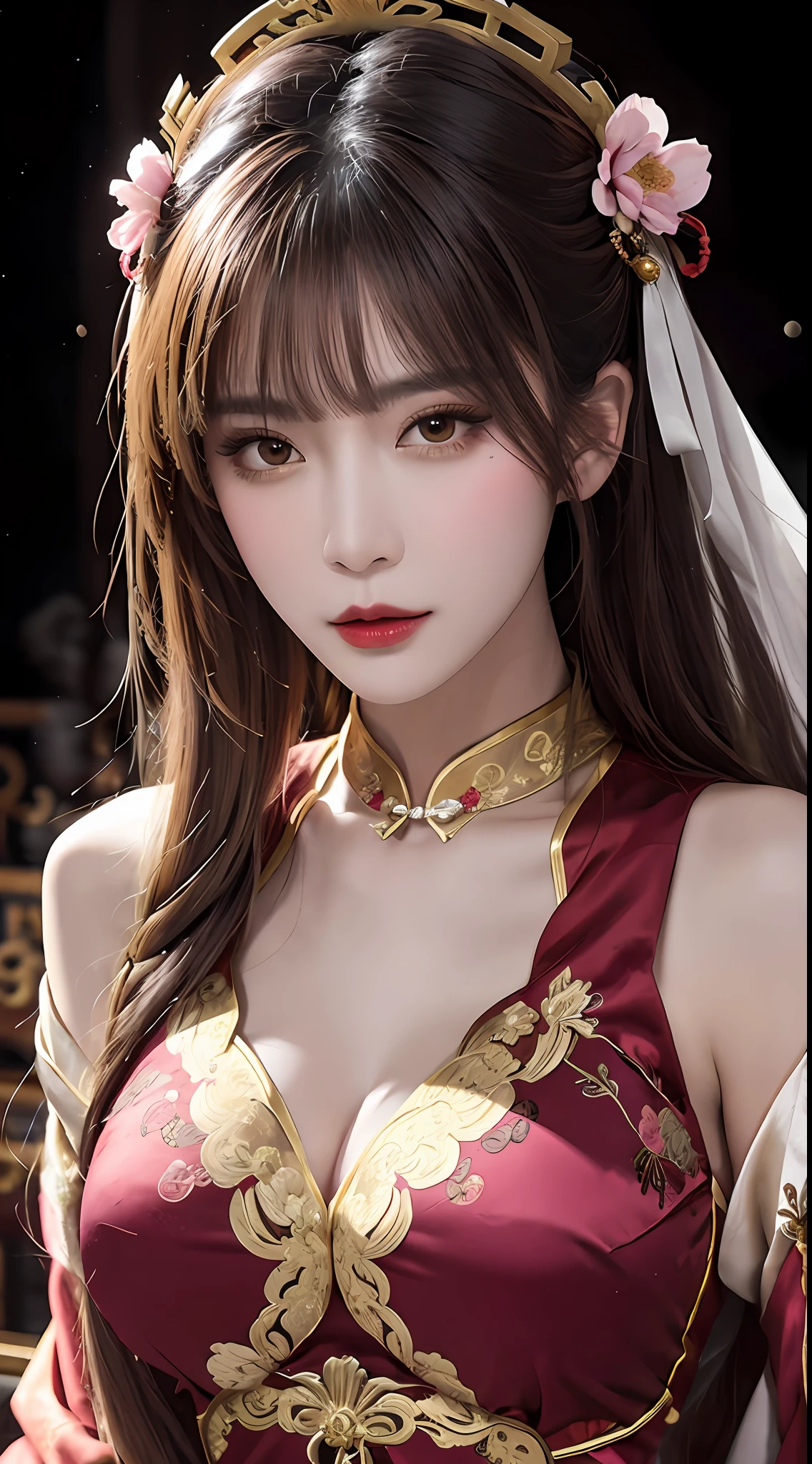 Woman wearing red and gold dress, flower background, palace, hanfu girl, wearing red cheongsam, chinese style, with ancient chinese costume, wearing ancient chinese costume, traditional beauty, Chinese Traditional, chinese girl, cheongsam, chinese costume, chinese princess, hanfu, chinese traditional clothing, chinese costume, 1 27-year-old girl, 1 zodiac goddess from the future, goddess of the pink and purple 12 zodiacs, the goddess of the zodiac in a yellow ao dai, a 12 zodiac ao dai with many black lace detail, mythology Goddess of the 12 zodiacs from the future, zodiac ♏, luxurious glittering zodiac style, dark and mysterious version, zodiac crown, lipstick lips red, thin and beautiful lips, mouth closed, characters made by karol bak and pino daeni, intricate detail, detailed background, extremely detailed, light magic, a woman, clear face, hair long with bangs, beautiful face in detail and well-proportioned eyes, (transparent yellow eyes: 1.8), big round eyes and very beautiful and detailed makeup, foresight, silk dress, mysterious makeup , double bangs and dyed light blonde , upper half portrait, zodiac goddess portrait, arms hanging loosely, Realistic and vivid photo, (stars make up the zodiac: 1.7), (sky background zodiac and fictitious space and time portal: 1.8), fiction art, RAW photo, hanfu picture, best photo, best photo quality, 8k quality, 8k ultra, super realistic, real photo most economical, the goddess poses sexy and seductive,