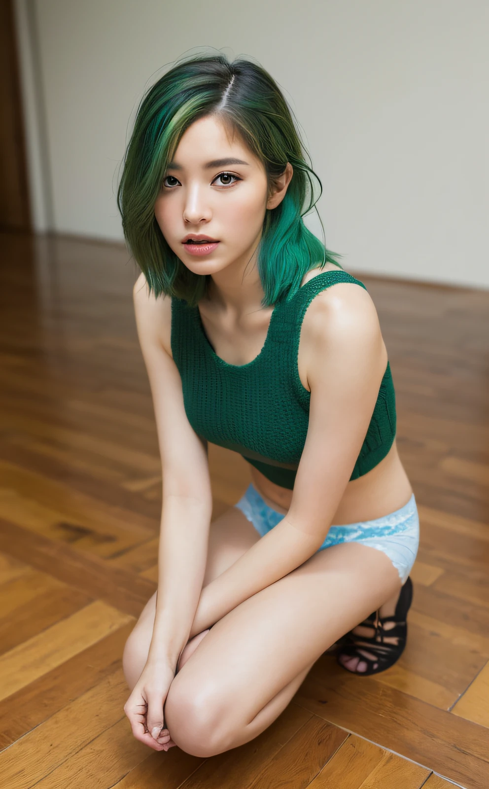 ((Top Quality, 8K, Masterpiece: 1.3)), Beauty, 1 Girl, Beauty: 1.3, Green Hair, (kneeling on the floor, Open Legs: 1.2), Super Detailed Face, Highly Detailed Lips, Detailed Eyes, Single Eyelids, Osaka Woman, Underwear