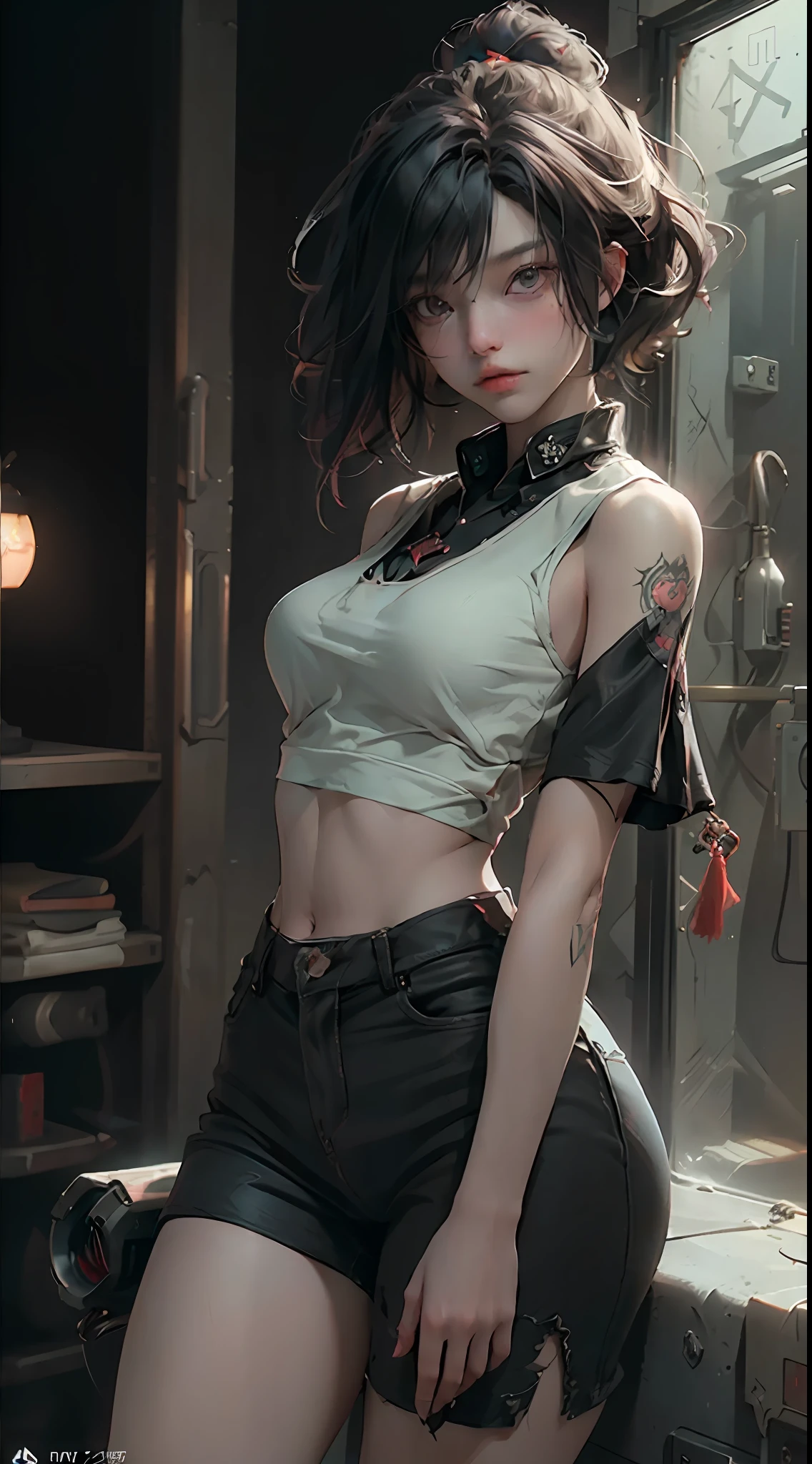 ((Best quality)), ((masterpiece)), (detailed: 1.4), beautiful woman, Asian, black sleeveless short t-shirt, black lag pants, black short hair with red locks, CyberPunk, ink, (solo), realistic,((masterpiece)), (best quality), (detailed), (1 girl), thighs, large breasts, 3D,HDR (High Dynamic Range),Ray Tracing,NVIDIA RTX,Super-Resolution,Unreal 5,Subsurface dispersion, PBR texture, Post-processing, Anisotropic filtering, Depth of field, Maximum clarity and sharpness, Multilayer textures, Albedo and specular maps, Surface shading, Accurate simulation of light-material interaction, Perfect proportions, Octane Render, Two-tone lighting,Wide aperture,Low ISO,White balance,Rule of thirds,8K RAW,