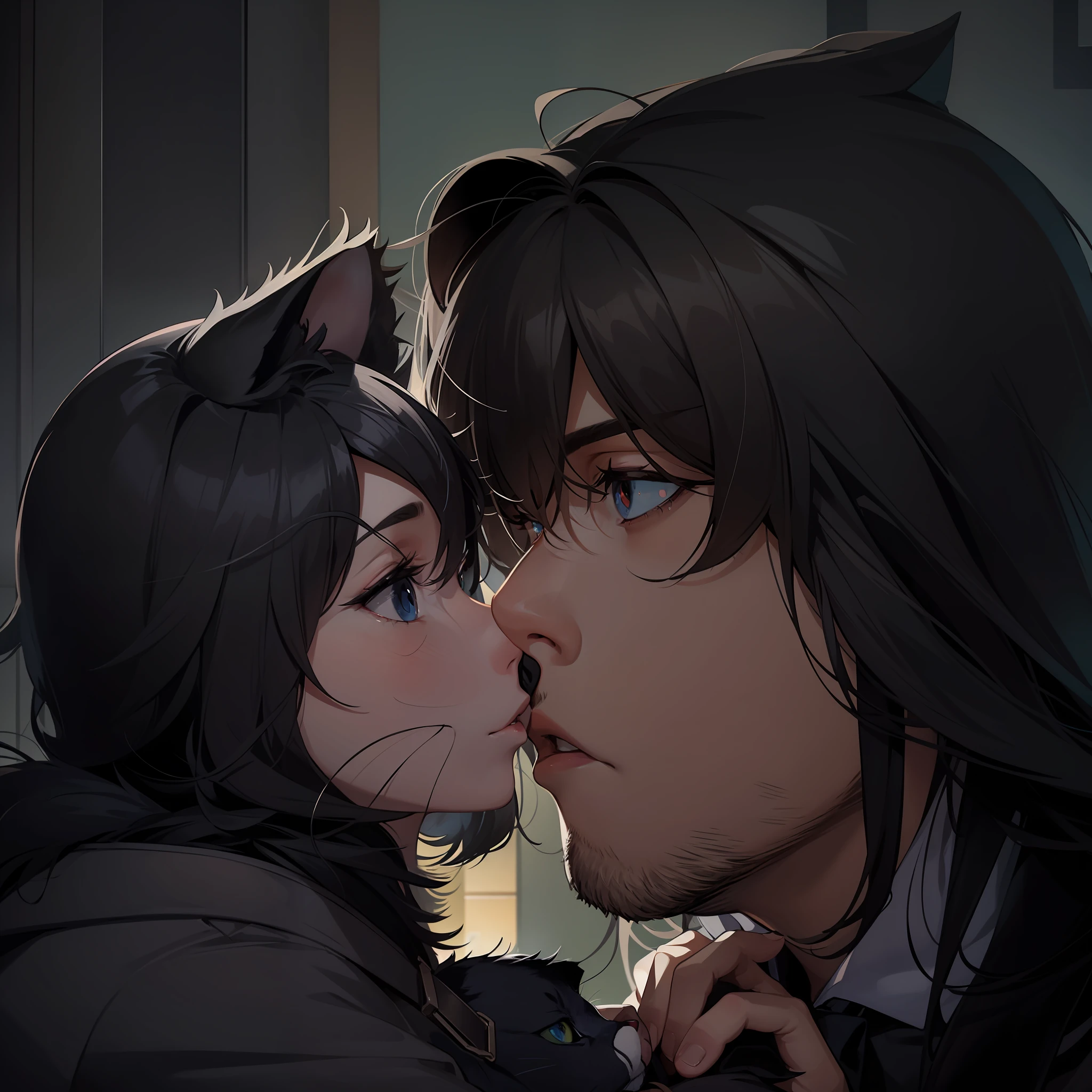 A man and a cat face to face, male