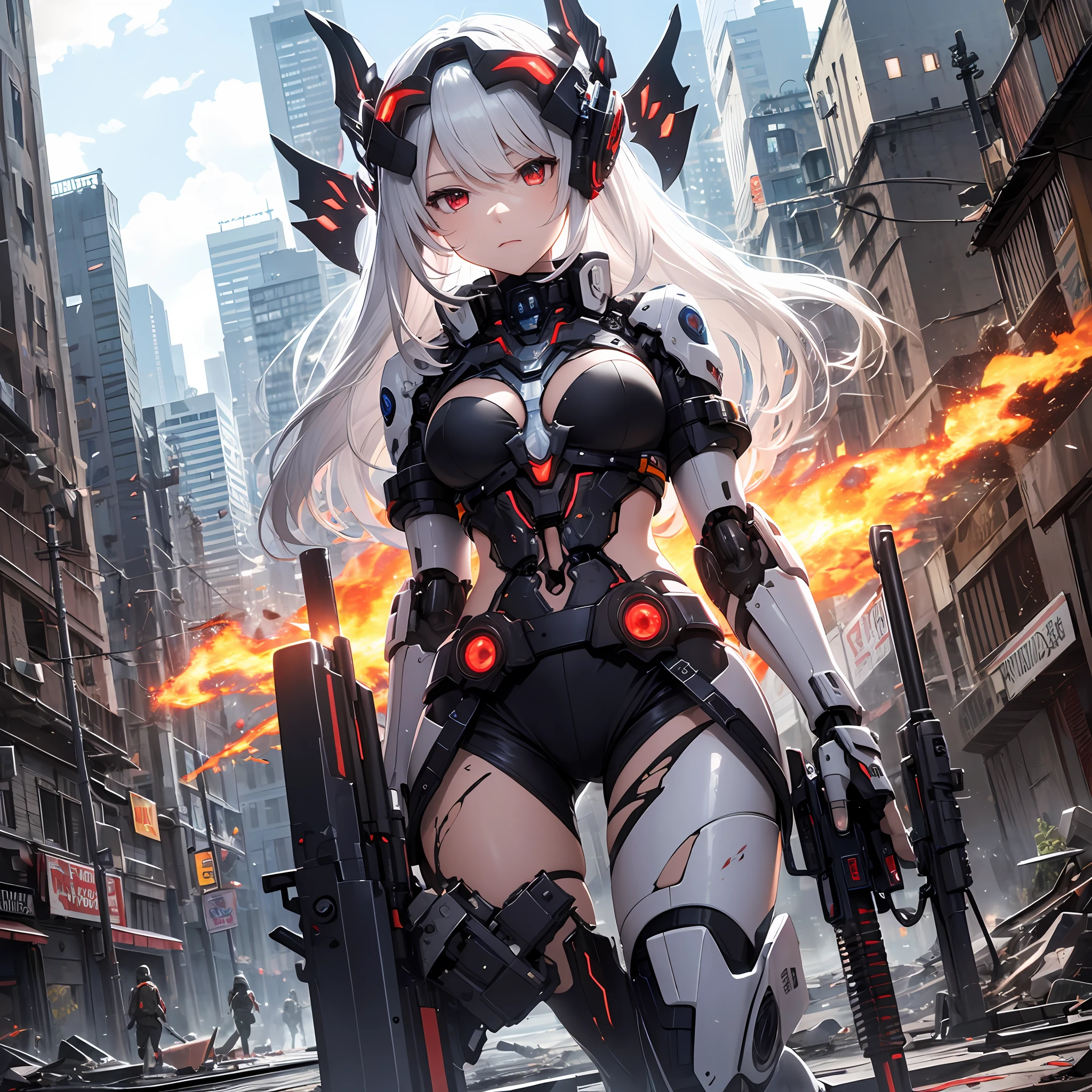 ultra detailed, illustration, masterpiece,(big machineSword), (machine Sword wings), (Gun fire), (assault), (machine Sword), (Destruction weapon girl), (machine body), (((Solo))), (Android_robot girl), (torn off body), (white hair), flat chest, red eyes,(machine clothes), black shorts, long hair, Inferno, ((detailed crumbling city background)), (Android_robot skin), mechanical arms --auto --s2