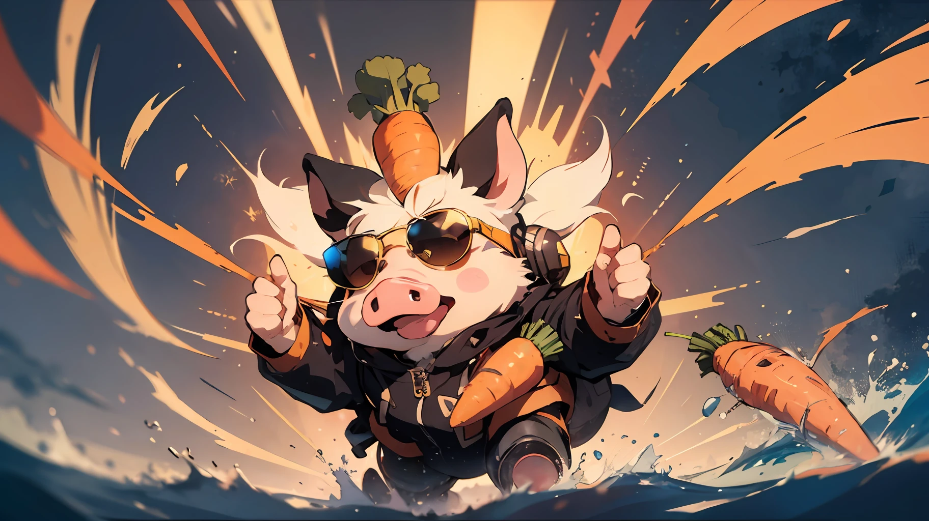 Pig with sunglasses, half robot, holding a golden carrot, left eye color orange, anime style