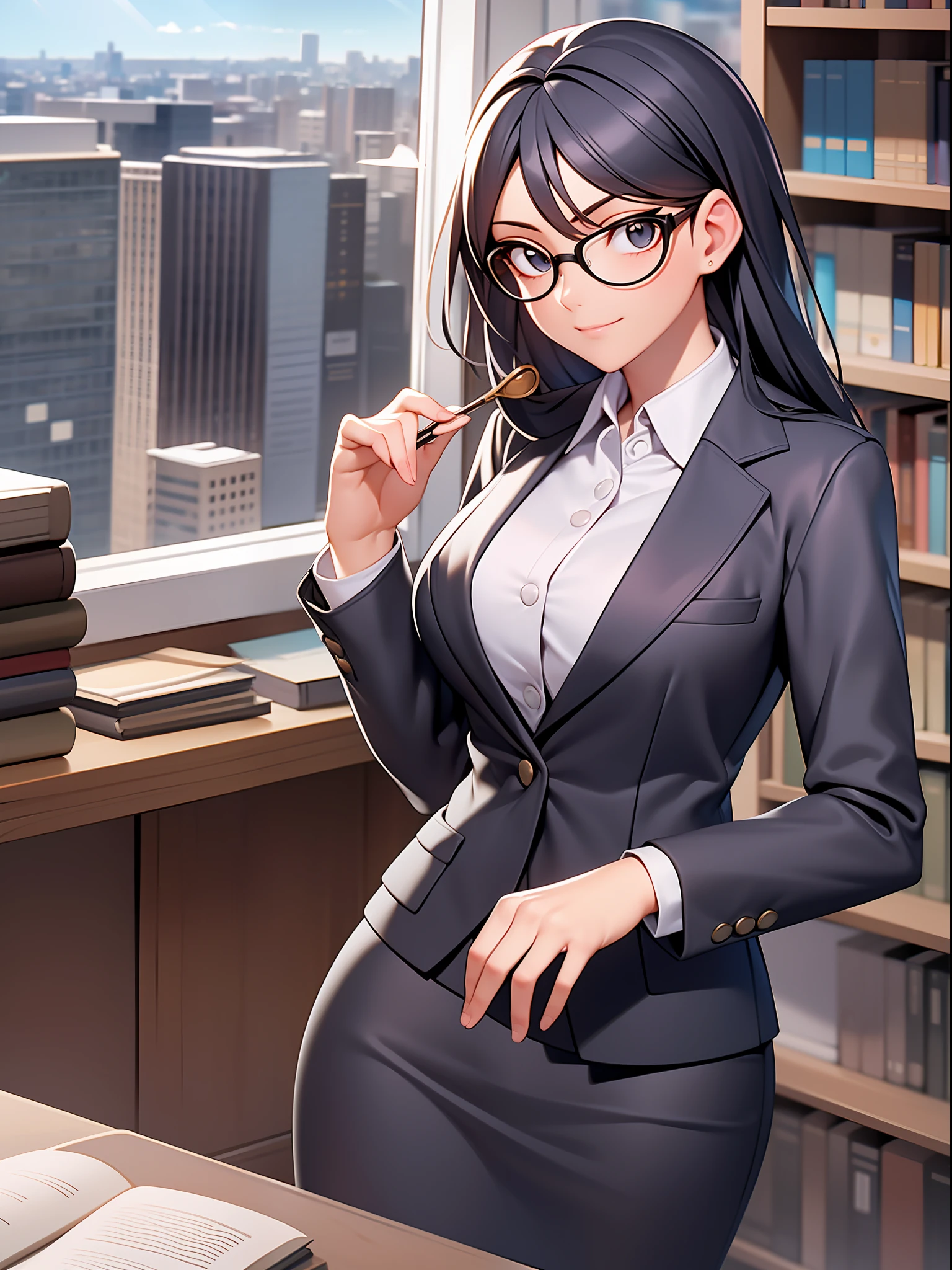 An elegant girl is wearing a flawless suit in a fancy office. Your suit fits perfectly to the body, in a classic color such as black, gray or navy blue. She wears a white button-down shirt and a refined tie that complements her attire. To add a distinctive touch, she sports a monocle in her right eye, giving it an air of mystery and sophistication. Her hair is combed elegantly and she maintains a confident posture as she works at her desk. The office is well lit and organized, with bookshelves full of books and a panoramic view of the city. The girl exudes professionalism and determination, ready to face any challenge that arises in her corporate environment.