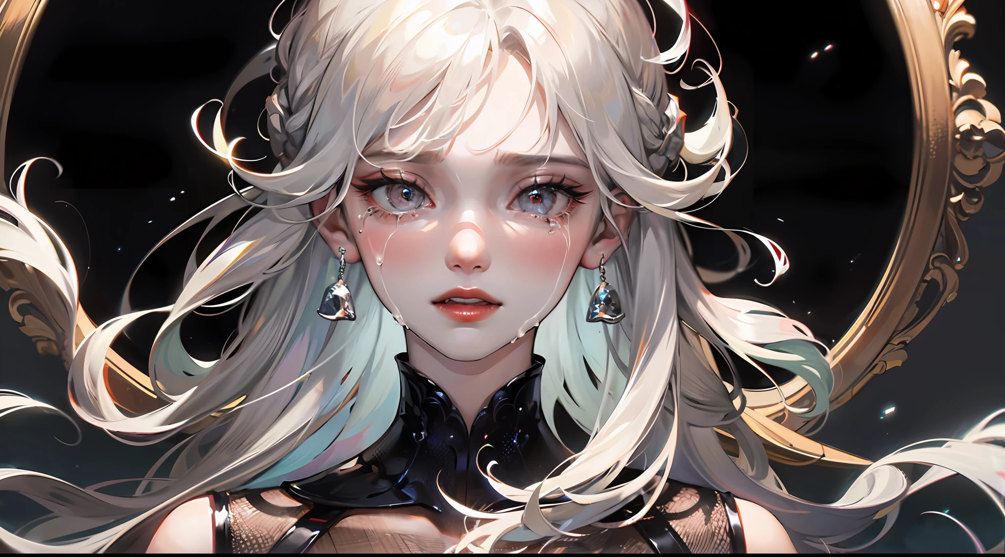 1 woman, solo, ( masterpiece, best quality: 1.2), ((upper body portrait)), panorama, cool white skin, gray hair, long curly hair, big breasts, red lips, 8k,, look at you, fine eyes, HDR, super resolution, perfect face, night, living room, crying, tears, sadness