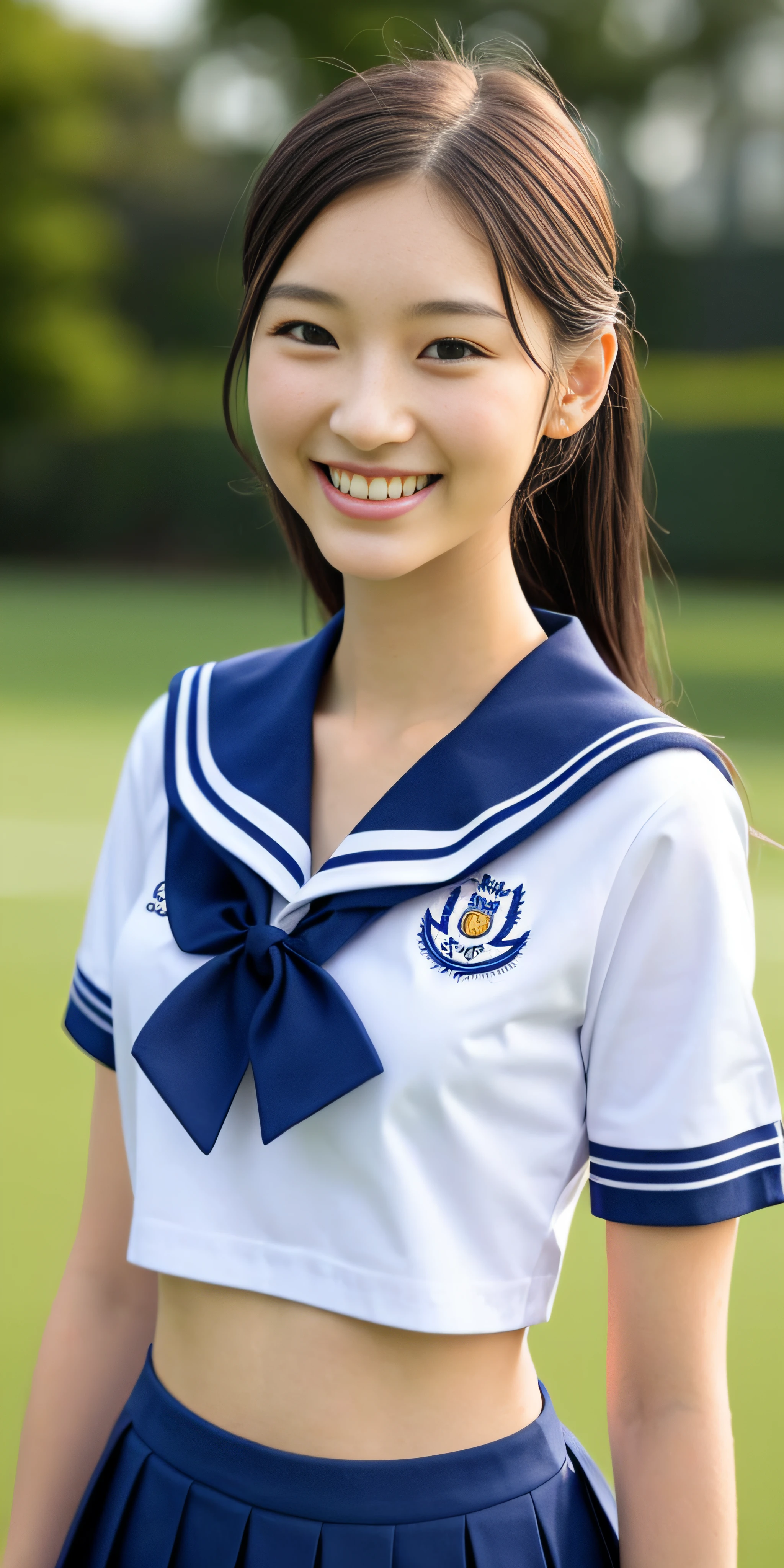 neat college girl, (school uniform, sailor uniform, ribbon tied at chest, summer uniform, upper body white, skirt dark blue, short sleeves), outside the athletic field, (slim), photorealistic, detail, skin texture, ultra detail, delicate and sexy collarbone, smile, super detailed face, detailed lips, detailed eyes, double eyelids, small breasts, small breasts, small, small, flat chest