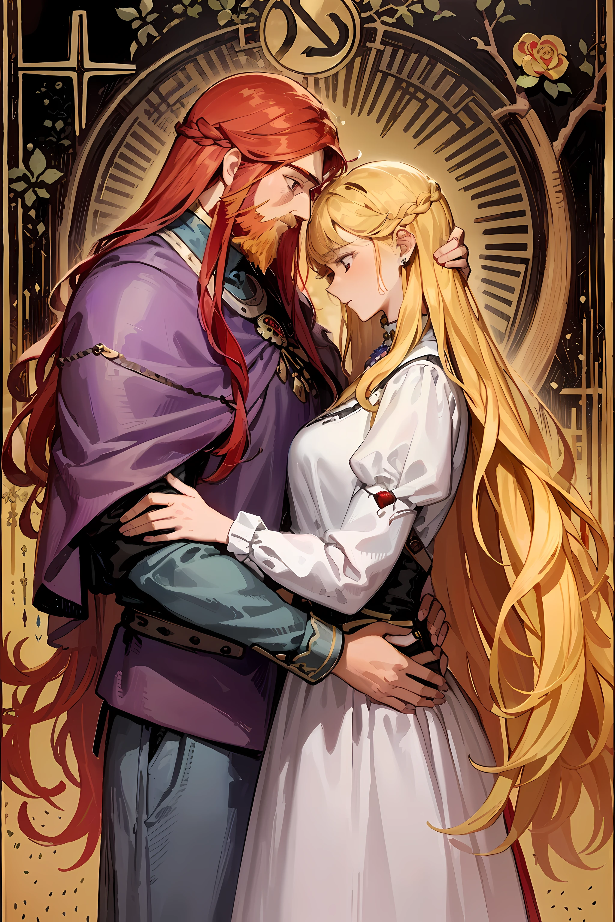 masterpiece, couple, lovers, tenderness, beautiful woman, long hair, blonde hair, purple dress, princess, handsome man, red hair, red beard, muscular, white shirt, protector, artisan, beautiful background, secret concept tarot card history card mystery, tarot card, best quality