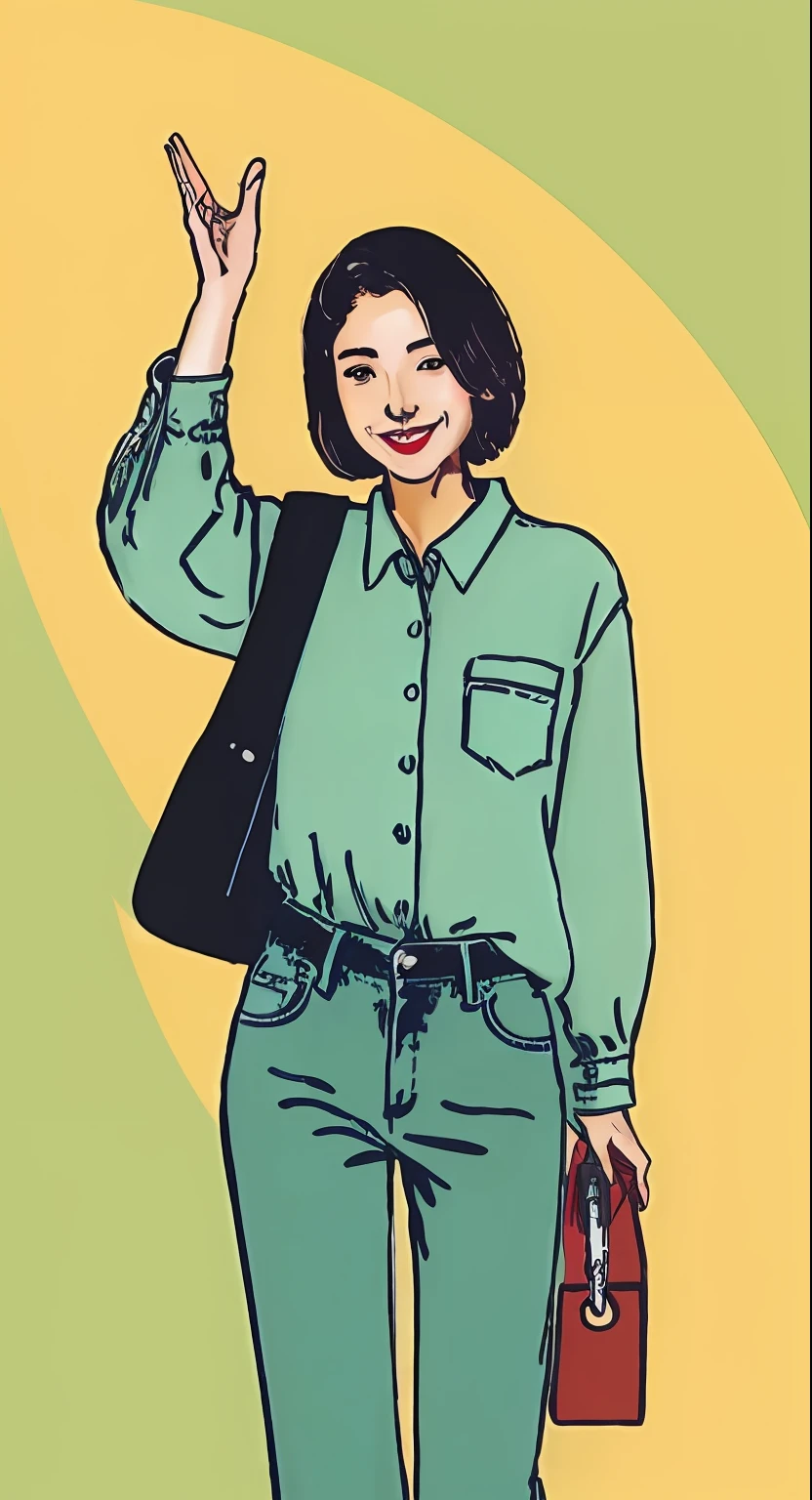 Smiling woman, raising one hand in greeting. Casual shirt and jeans
