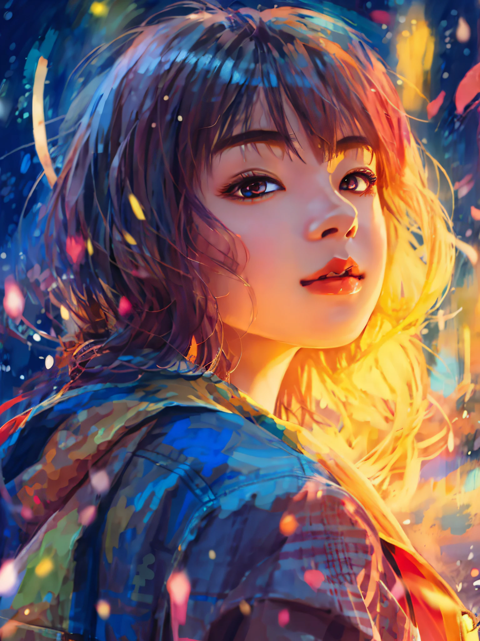 a girl with a bright hair and a blue jacket looks at the camera, inspired by Yuumei, digital anime art, colorful digital painting, rossdraws cartoon vibrant, anime style 4 k, alice x. zhang, by Yuumei, digital anime illustration, beautiful anime portrait, vibrant digital painting, detailed digital anime art, anime digital art