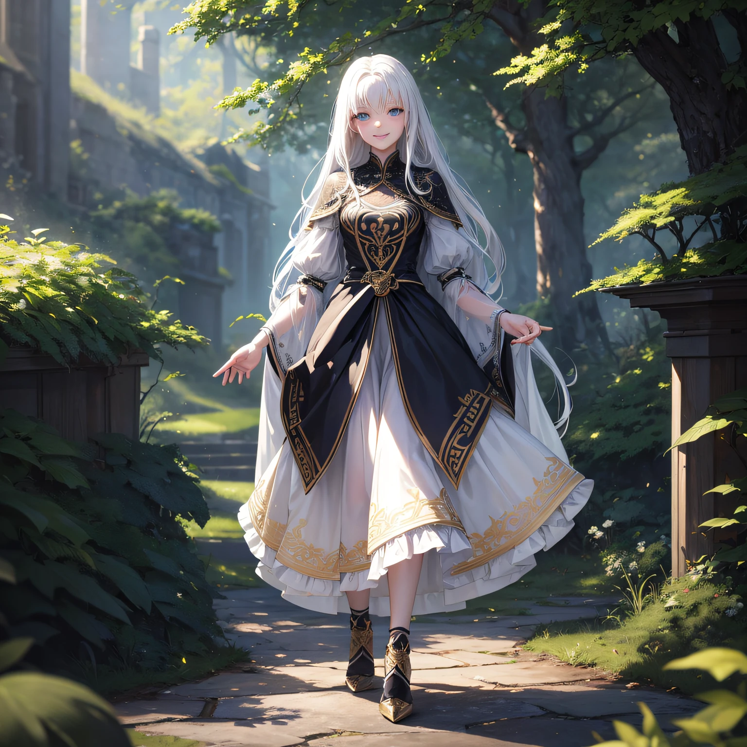 A beautiful sprite,wide shot,full body,silver long hair,forest,best quality, ultra-detailed, masterpiece, finely detail, highres, 8k wallpaper --auto