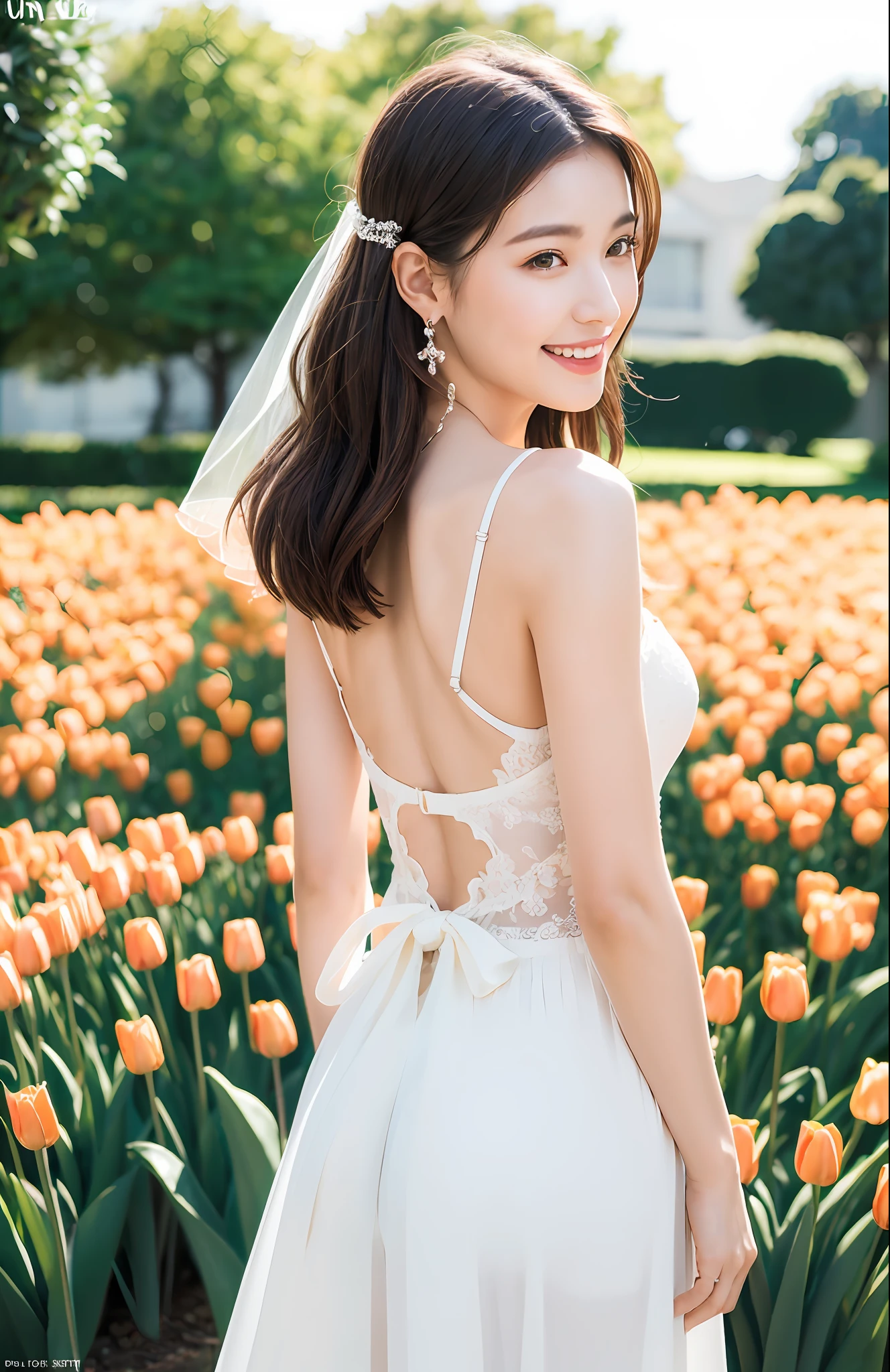Turbulent posture, (very delicate and beautiful work), (masterpiece), 1girl, girl in wedding dress surrounded by many colorful tulips, veil, lace, full body, high definition, ridiculous, charming expression, smile, beautiful clear eyes, green eyes, delicate necklace, delicate earrings, full body, vivid flower garden, simple background blur, ultra-fine depiction, beautiful, charming, ultra-fine paintingDelicate Face, Delicate Figure, Thin Clavicle, Lovely Lips, Beautiful Big, Soft Back, Mix4, (8k, RAW Photos, Best Quality), Masterpiece: 1.2), (Realistic, Photorealistic: 1.37), One Girl, Cute, Professional Lighting, Photon Mapping, Radiosity, Physically Based Rendering