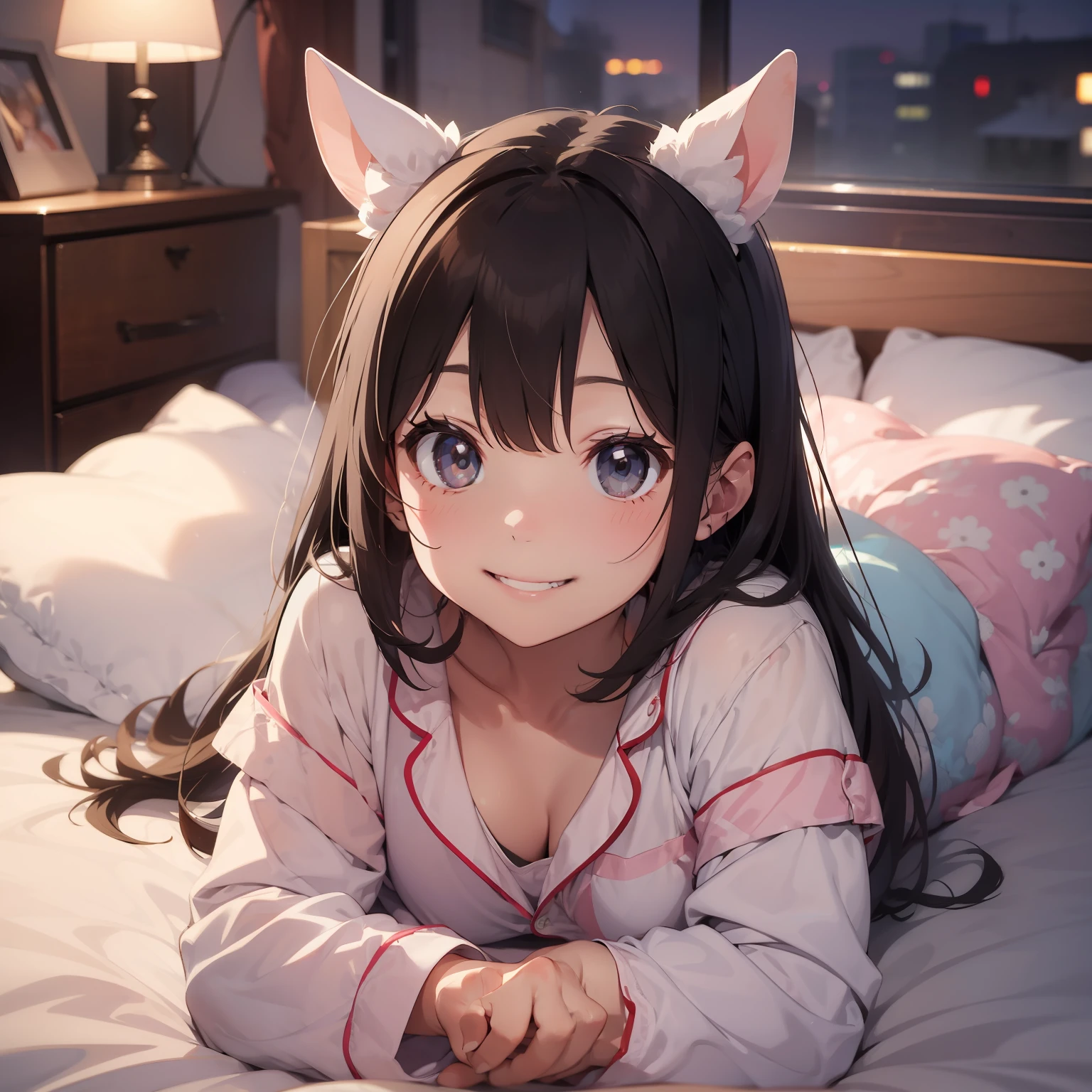 Rabbit Eared Girl Lying Face Down on Bed Midnight Pajamas Smile