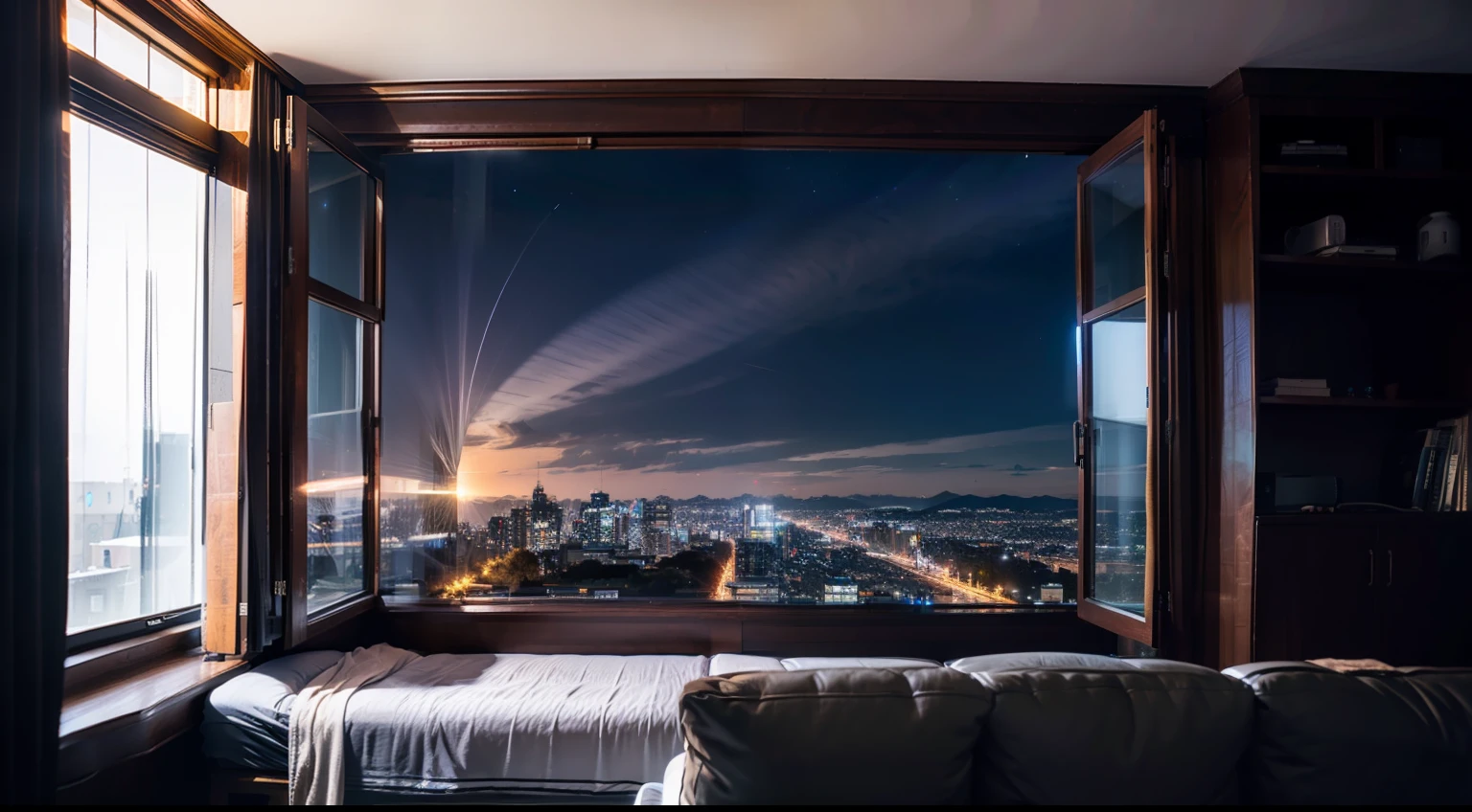 white window frame, windowsill, night landscape from window, beautiful window view, starry windowsill, precise photos, ((REAL))), ((MASTER)), ((BEST QUALITY)), ULTRA-DETAILED CG Unity 8k wallpaper, incredibly detailed and beautiful illustrations, floating, high resolution, dynamic, dark black background,