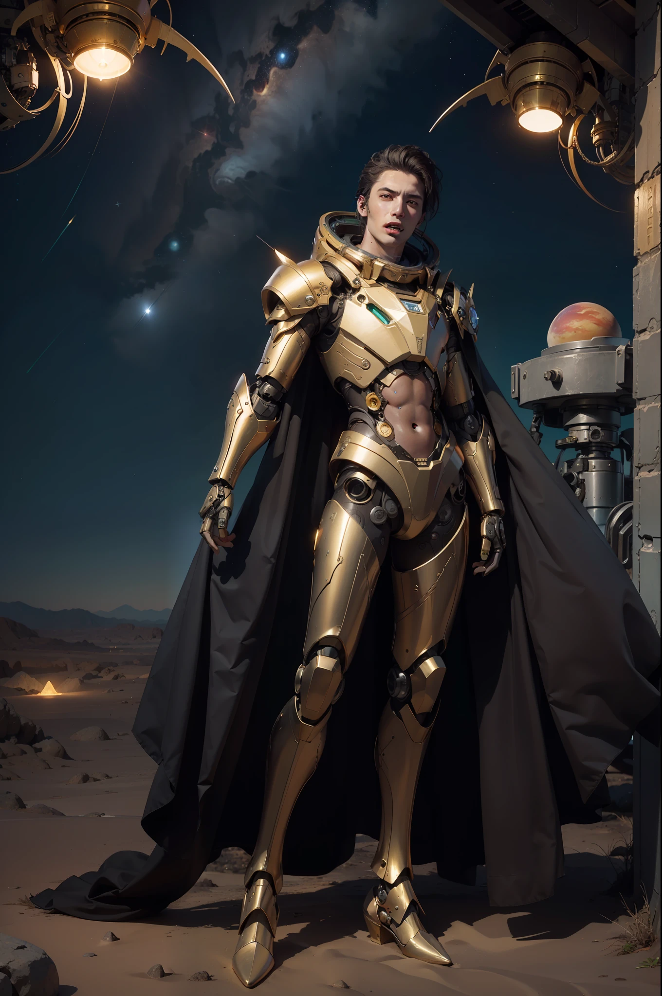 Male humanoid extraterrestrial, magical and technological being, elegant, mouth with vampire teeth, golden-colored eyes (ultra details), full body, medium plane viewing angle, clothes with mechanical plates in gold and green color, robotic parts, desert landscape with sky showing various planets and stars, volumetric lights, ultra realistic, 8k, intricate details,