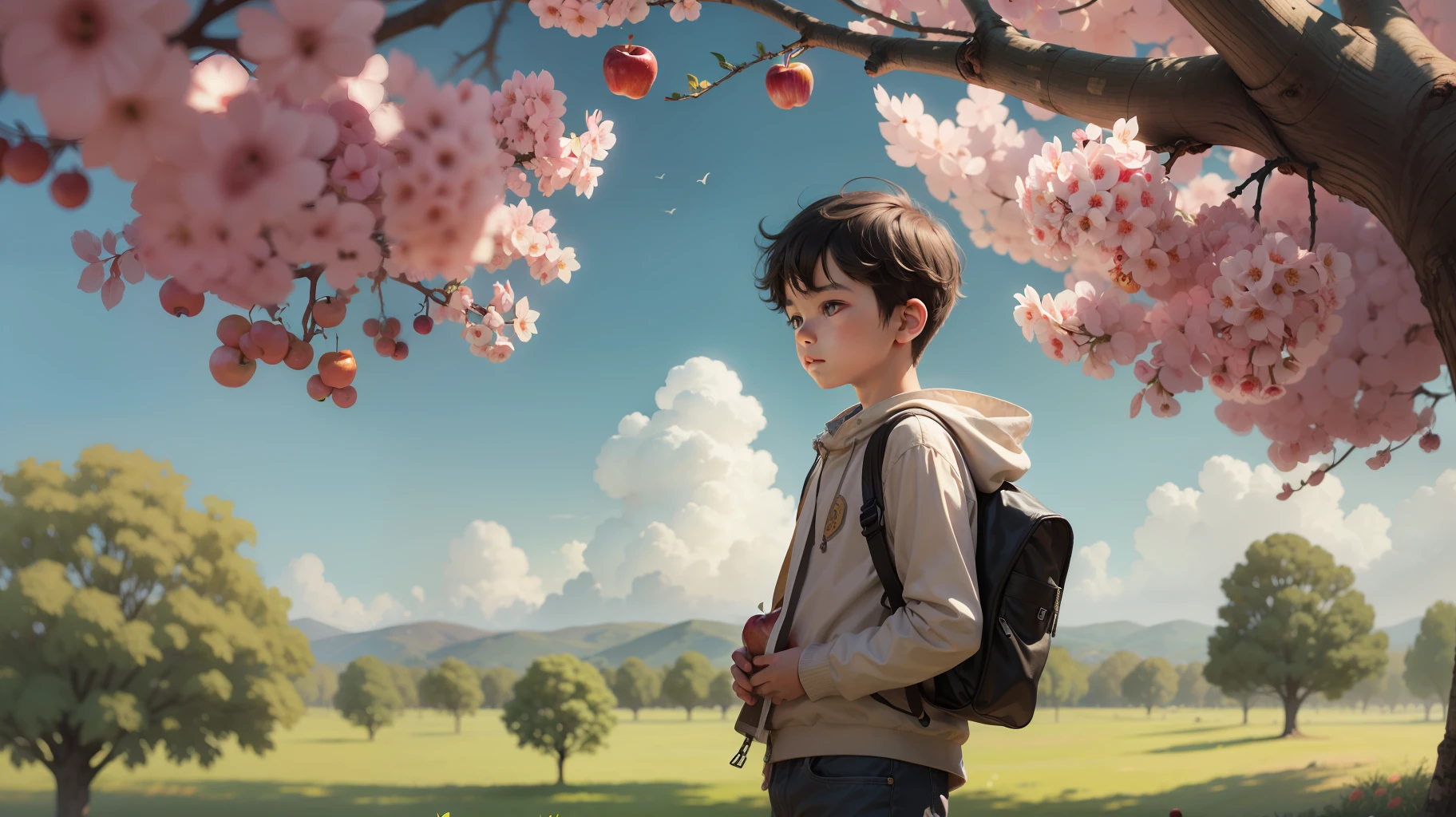 A boy near an apple tree