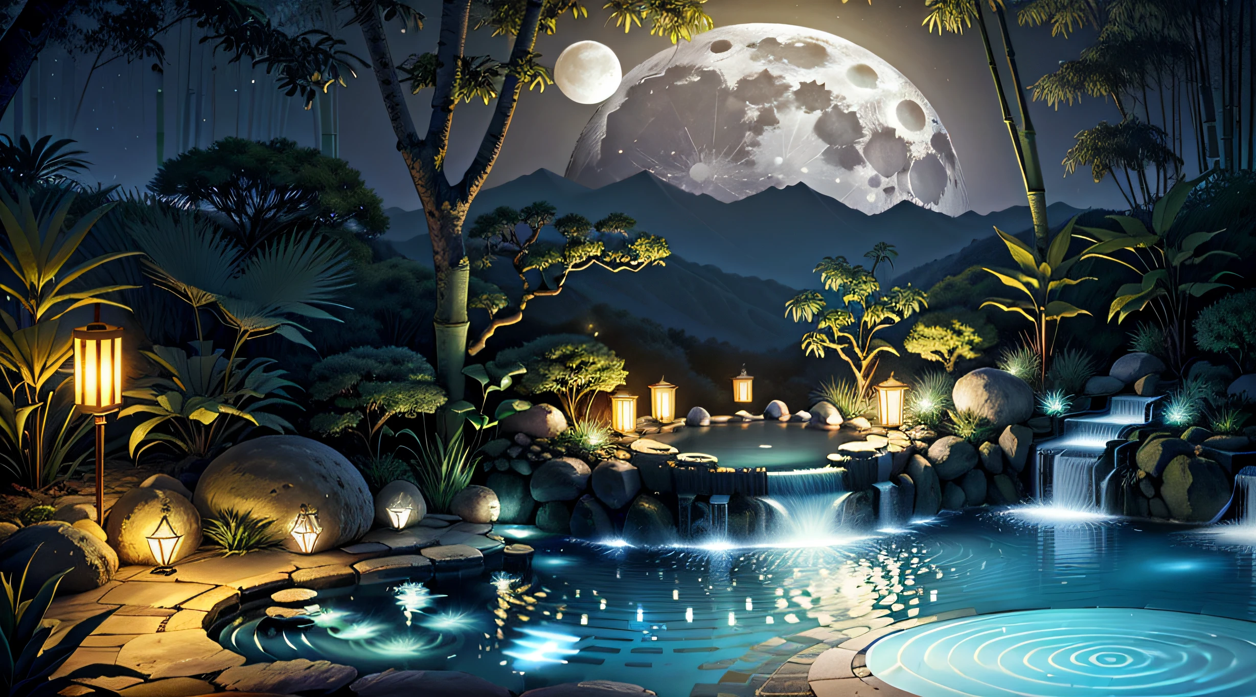 Moon, full moon: 1.5, moonlight shines, bamboo forest in the background, a pool of water in the middle, (the pool water is surrounded by stones in a circle), the moon is reflected in the water, high quality, super detail, high quality, super detail, super clear